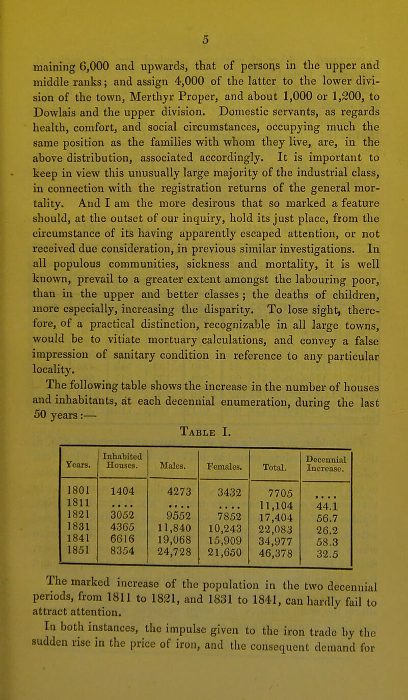 maining 6,000 and upwards, that of persons in the upper and middle ranks; and assign 4,000 of the latter to the lower divi- sion of the town, Merthyr Proper, and about 1,000 or 1,200, to Dowlais and the upper division. Domestic servants, as regards health, comfort, and social circumstances, occupying much the same position as the families with whom they live, are, in the above distribution, associated accordingly. It is important to keep in view this unusually large majority of the industrial class, in connection with the registration returns of the general mor- tality. And I am the more desirous that so marked a feature should, at the outset of our inquiry, hold its just place, from the circumstance of its having apparently escaped attention, or not received due consideration, in previous similar investigations. In all populous communities, sickness and mortality, it is well known, prevail to a greater extent amongst the labouring poor, than in the upper and better classes ; the deaths of children, more especially, increasing the disparity. To lose sight, there- fore, of a practical distinction, recognizable in all large towns, would be to vitiate mortuary calculations, and convey a false impression of sanitary condition in reference to any particular locality. The following table shows the increase in the number of houses and inhabitants, at each decennial enumeration, during the last 50 years:— Table I. Years. Inhabited Houses. Males. Females. Total. Decennial Increase. 1801 1404 4273 3432 7705 ». . . 1811 • • « • • « • • • • • • 11,104 44.1 1821 3052 9552 7852 17,404 56.7 1831 4365 11,840 10,243 22,083 26.2 1841 6616 19,068 15,909 34,977 58.3 1851 8354 24,728 21,650 46,378 32.5 The marked increase of the population in the two decennial periods, from 1811 to 1821, and 1831 to 1841, can hardiv fail to attract attention. In both instances, the impulse given to the iron trade by the sudden rise in the price of iron, and the consequent demand for