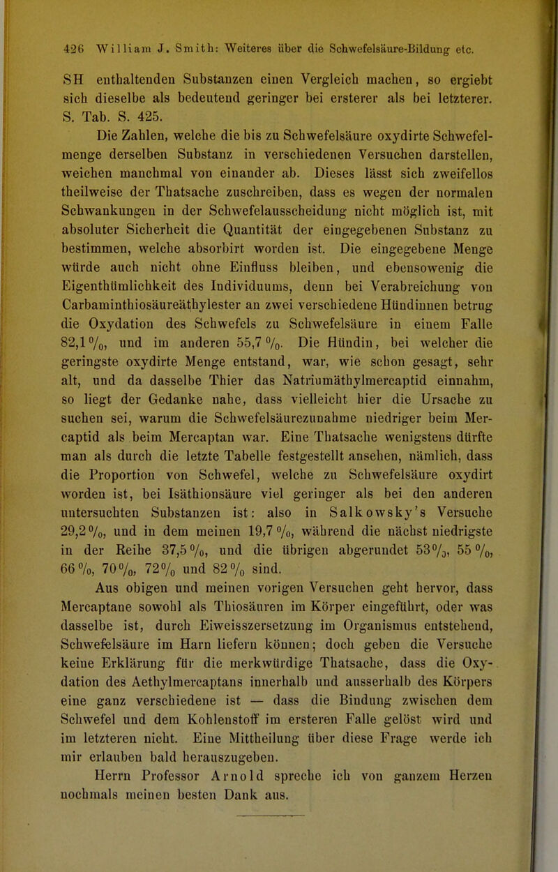 SH enthaltenden Substanzen einen Vergleich machen, so ergiebt sich dieselbe als bedeutend geringer bei ersterer als bei letzterer. S. Tab. S. 425. Die Zahlen, welche die bis zu Schwefelsäure oxydirte Schwefel- menge derselben Substanz in verschiedenen Versuchen darstellen, weichen manchmal von einander ab. Dieses lässt sich zweifellos theilweise der Thatsache zuschreiben, dass es wegen der normalen Schwankungen in der Schwefelausscheidung nicht möglich ist, mit absoluter Sicherheit die Quantität der eingegebenen Substanz zu bestimmen, welche absorbirt worden ist. Die eingegebene Menge würde auch nicht ohne Einfluss bleiben, und ebensowenig die Eigenthümlichkeit des Individuums, denn bei Verabreichung von Carbaminthiosäureäljhylester an zwei verschiedene Hündinnen betrug die Oxydation des Schwefels zu Schwefelsäure in einem Falle 82,17o, und im anderen 55,7 Die Hündin, bei welcher die geringste oxydirte Menge entstand, war, wie schon gesagt, sehr alt, und da dasselbe Thier das Natriumäthylmercaptid einnahm, so liegt der Gedanke nahe, dass vielleicht hier die Ursache zu suchen sei, warum die Schwefelsäurezunahme niedriger beim Mer- captid als beim Mercaptan war. Eine Thatsache wenigstens dürfte man als durch die letzte Tabelle festgestellt ansehen, nämlich, dass die Proportion von Schwefel, welche zu Schwefelsäure oxydirt worden ist, bei Isäthionsäure viel geringer als bei den anderen untersuchten Substanzen ist: also in Salkowsky's Versuche 29,2 7o» und in dem meinen 19,7 /o, während die nächst niedrigste in der Reihe 37,5%, und die übrigen abgerundet 537a, 55 %> 66 7o, 70o/o, 72% und 82% sind. Aus obigen und meinen vorigen Versuchen geht hervor, dass Mercaptane sowohl als Thiosäuren im Körper eingeführt, oder was dasselbe ist, durch Eiweisszersetzung im Organismus entstehend, Schwefelsäure im Harn liefern können; doch geben die Versuche keine Erklärung für die merkwürdige Thatsache, dass die Oxy- dation des Aethylmercaptans innerhalb und ausserhalb des Körpers eine ganz verschiedene ist — dass die Bindung zwischen dem Schwefel und dem Kohlenstoff im ersteren Falle gelöst wird und im letzteren nicht. Eine Mittheilung über diese Frage werde ich mir erlauben bald herauszugeben. Herrn Professor Arnold spreche ich von ganzem Herzen nochmals meinen besten Dank aus.