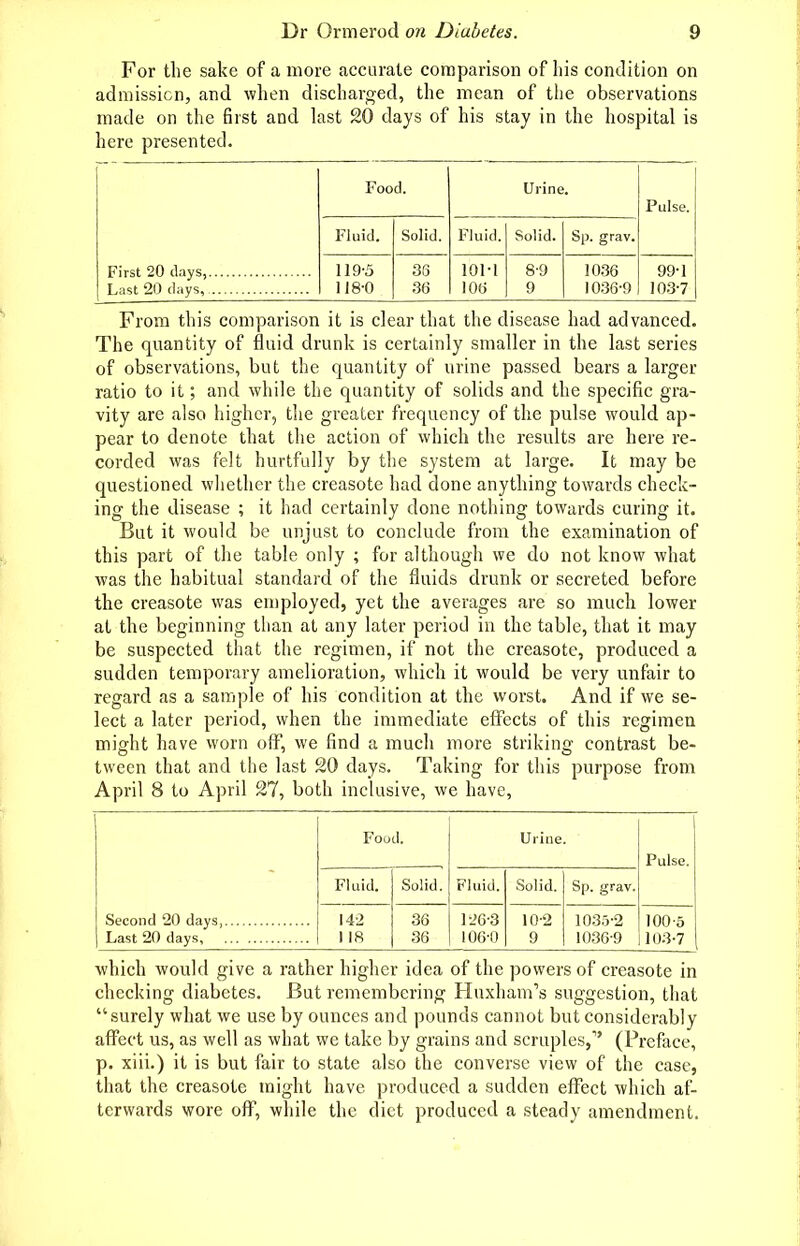 For the sake of a more accurate comparison of his condition on admission, and when discharj^ed, the mean of the observations made on the first and last 20 days of his stay in the hospital is here presented. First 20 days, Last 20 (lays, Food. Urine. Pulse. Fluid. Solid. Fluid. Solid. Sp. grav. 119-5 118-0 33 36 lOM 106 8-9 9 1036 1036-9 99-1 103-7 From this comparison it is clear that the disease had advanced. The quantity of fluid drunk is certainly smaller in the last series of observations, but the quantity of urine passed bears a larger ratio to it; and while the quantity of solids and the specific gra- vity are also higher, the greater frequency of the pulse would ap- pear to denote that the action of which the results are here re- corded was felt hurtfully by the system at large. It may be questioned whether the creasote had done anything towards check- ing the disease ; it had certainly done nothing towards curing it. But it would be unjust to conclude from the examination of this part of the table only ; for although we do not know what was the habitual standard of the fluids drunk or secreted before the creasote was employed, yet the averages are so much lower at the beginning than at any later period in the table, that it may be suspected that the regimen, if not the creasote, produced a sudden temporary amelioration, which it would be very unfair to regard as a sample of his condition at the worst. And if we se- lect a later period, when the immediate effects of this regimen might have worn off, we find a much more striking contrast be- tween that and the last 20 days. Taking for this purpose from April 8 to April 27, both inclusive, we have, Second 20 days, Fouil. Urine. Pulse. Fluid. Solid. Fluid. Solid. Sp. grav. 142 118 36 36 l-.'6-3 106-0 10-2 9 1035- 2 1036- 9 100-5 103-7 which would give a rather higher idea of the powers of creasote in checking diabetes. But remembering Huxham's suggestion, that surely what we use by ounces and pounds cannot but considerably affect us, as well as what we take by grains and scruples,' (Preface, p. xiii.) it is but fair to state also the converse view of the case, that the creasote might have produced a sudden effect which af- terwards wore oflT, while the diet produced a steady amendment.