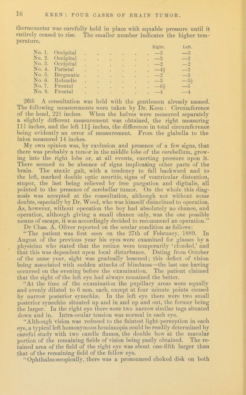 thermometer was carefully held in place with equable pressure until it entirely ceased to rise. The smaller number indicates the higher tem- perature. Right. Left. No. 1. Occipital —3 —3 No. 2. Occipital —3 —2 No. 3. Occipital —2 —2 No. 4. Parietal —4* —3 No. 5. Bregmatic —2 —3 No. 6. Rolandic —3 —3i No. 7. Frontal —6i —5~ No. 8. Frontal —4~ —4 2Qth A consultation was held with the gentlemen already named. The following measurements were taken by Dr. Keen : Circumference of the head, 225 inches. When the halves were measured separately a slightly different measurement was obtained, the right measuring 111 inches, and the left llf inches, the difference in total circumference being evidently an error of measurement. From the glabella to the inion measured 14 inches. My own opinion was, by exclusion and presence of a few signs, that there was probably a tumor in the middle lobe of the cerebellum, grow- ing into the right lobe or, at all events, exerting pressure upon it. There seemed to be absence of signs implicating other parts of the brain. The ataxic gait, with a tendency to fall backward and to the left, marked double optic neuritis, signs of ventricular distention, stupor, the last being relieved by free purgation and digitalis, all pointed to the presence of cerebellar tumor. On the whole this diag- nosis was accepted at the consultation, although not without some doubts, especially by Dr. Wood, who was himself disinclined to operation. As, however, without operation the boy had absolutely no chance, and operation, although giving a small chance only, was the one possible means of escape, it was accordingly decided to recommend an operation. Dr Chas. A. Oliver reported on the ocular condition as follows:  The patient was first seen on the 27th of February, 1889. In August of the previous year his eyes were examined for glasses by a physician who stated that the retinte were temporarily 'clouded,' and that this was dependent upon local disturbance. Dating from October of the same year, sight was gradually lessened; this defect of vision being associated with sudden attacks of blindness—the last one having occurred on the evening before the examination. The patient claimed that the sight of the left eye had always remained the better. At the time of the examination the pupillary areas were equally and evenly dilated to 6 mm. each, except at four minute points caused by narrow posterior synechias. In the left eye there were two small posterior synechias situated up and in and up and out, the former being the larger. In the right eye there were two narrow similar tags situated down and in. Intra-ocular tension was normal in each eye. Although vision was reduced to the faintest light-perception in each eye, a typical left homonymous hemianopia could be readily determined by careful study with two candle flames, the double bow at the macular portion of the remaining fields of vision being easily obtained. The re- tained area of the field of the right eye was about one-fifth larger than that of the remaining field of the fellowr eye. Ophthalmoscopically, there was a pronounced choked disk on both