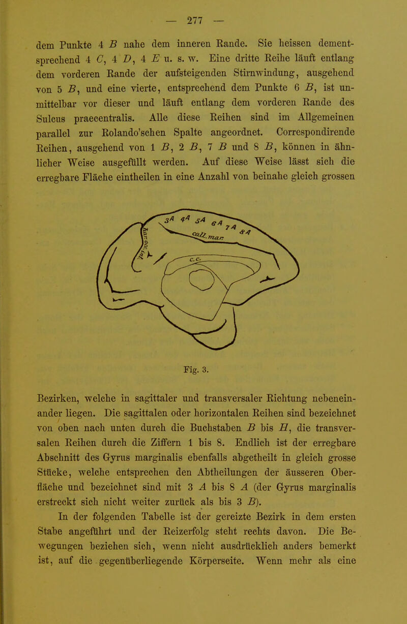dem Punkte 4 B nahe dem inneren Rande. Sie heissen dement- sprechend 4 C, 4 Z), 4 -E u. s. w. Eine dritte Reihe läuft entlang dem vorderen Rande der aufsteigenden Stirnwindung, ausgehend von 5 5, und eine vierte, entsprechend dem Punkte 6 5, ist un- mittelbar vor dieser und läuft entlang dem vorderen Rande des Sulcus praecentralis. Alle diese Reihen sind im Allgemeinen parallel zur Rolando'schen Spalte angeordnet. Correspondirende Reihen, ausgehend von 1 B, 2 7 B und 8 B, können in ähn- licher Weise ausgefüllt werden. Auf diese Weise lässt sich die erregbare Fläche eintheilen in eine Anzahl von beinahe gleich grossen Fig. 3. Bezirken, welche in sagittaler und transversaler Richtung nebenein- ander liegen. Die sagittalen oder horizontalen Reihen sind bezeichnet von oben nach unten durch die Buchstaben B bis B, die transver- salen Reihen durch die Ziffern 1 bis 8. Endlich ist der erregbare Abschnitt des Gyrus marginalis ebenfalls abgetheilt in gleich grosse Stttcke, welche entsprechen den Abtheilungen der äusseren Ober- fläche und bezeichnet sind mit 3 ^ bis 8 ^ (der G-yrus marginalis ersti-eckt sich nicht weiter zurück als bis 3 B). In der folgenden Tabelle ist der gereizte Bezirk in dem ersten Stabe angeführt und der Reizerfolg steht rechts davon. Die Be- wegungen beziehen sich, wenn nicht ausdrücklich anders bemerkt ist, auf die gegenüberliegende Körperseite. Wenn mehr als eine
