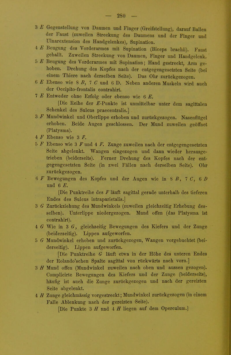 3 E Gegenstellung von Daumen und Finger (Greifstellung), darauf Ballen der Faust (zuweilen Streckung des Daumens und der Finger und Ulnarextensiou des Handgelenkes), Supination. 4 E Beugung des Vorderarmes mit Supination (Biceps brachii). Faust geballt. Zuweilen Streckung von Daumen, Finger und Handgelenk. 5 E Beugung des Vorderarmes mit Supination; Hand gestreckt, Arm ge- hoben. Drehung des Kopfes nach der entgegengesetzten Seite (bei einem Thiere nach derselben Seite). Das Ohr zurückgezogen. 6 E Ebenso wie 8 B, 1 C und 6 D. Neben anderen Muskeln wird auch der Occipito-frontalis contrahirt. 7 E Entweder ohne Erfolg oder ebenso wie 6 E. [Die Reihe der ^-Punkte ist unmittelbar unter dem sagittalen Schenkel des Sulcus praecentralis.] 3 F Mundwinkel und Oberlippe erhoben und zurückgezogen. Nasenflügel erhoben. Beide Augen geschlossen. Der Mund zuweilen geöffnet (Platysma). 4 F Ebenso wie 3 F. 5 F Ebenso wie 3 F und 4 F. Zunge zuweilen nach der entgegengesetzten Seite abgelenkt. Wangen eingezogen und dann wieder herausge- trieben (beiderseits). Ferner Drehung des Kopfes nach der ent- gegengesetzten Seite (in zwei Fällen nach derselben Seite). Ohr zurückgezogen. 6 F Bewegungen des Kopfes und der Augen wie in 8 ß, IC, ß D und 6 E. [Die Punktreihe des F läuft sagittal gerade unterhalb des tieferen Endes des Sulcus intraparietalis.J 3 G Zurückziehung des Mundwinkels (zuweilen gleichzeitig Erhebung des- selben). Unterlippe niedergezogen. Mund offen (das Platysma ist contrahirt). 4 G Wie in 3 G, gleichzeitig Bewegungen des Kiefers und der Zunge (beiderseitig). Lippen aufgeworfen. 5 G Mundwinkel erhoben und zurückgezogen, Wangen vorgebuchtet (bei- derseitig). Lippen aufgeworfen. [Die Punktreihe G läuft etwa in der Höhe des unteren Endes der Rolando'schen Spalte sagittal von rückwärts nach vorn.] 3 B Mund offen (Mundwinkel zuweilen nach oben und aussen gezogen). Complicirte Bewegungen des Kiefers und der Zunge (beiderseits), häufig ist auch die Zunge zurückgezogen und nach der gereizten Seite abgelenkt. 4 H Zunge gleichmässig vorgestreckt; Mundwinkel zurückgezogen (in einem Falle Ablenkung nach der gereizten Seite). [Die Punkte d H nnä i ff liegen auf dem Operculum.]