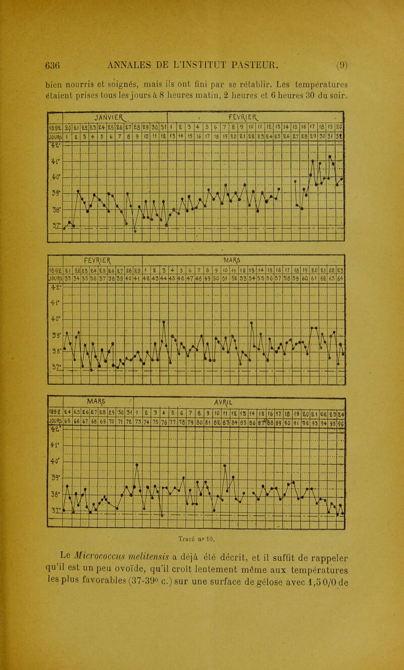bien nourris et soignés, mais ils ont fini par se rétablir. Les températures étaient prises tous les jours à 8 lieures matin, 2 heures et 6 heures 30 du soir. Tracé n» 10. Le Micrococcus melitensis a déjà été décrit, et il suffit de rappeler qu'il est un peu ovoïde, qu'il croît lentement même aux températures les plus favorables (37-39° c.) sur une surface de gélose avec 1,50/0 de