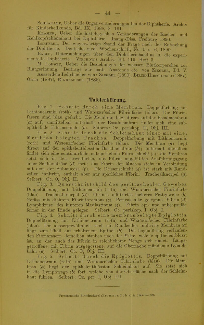 SciruAKAMP, Uolior die Organvorändorungen bei der Diphtherie, Archiv für Kinderheilkunde, Bd. IX, J888, S. 161. Kkamiok, Uchor die histologischen Veränderungen der Rachen- und Kehlkopfschleimhaut bei Diphtherie. Inaug.-Diss. Freiburg 1890. LoEVFLKit, Der gegenwärtige Stand der Trage nach der Entstehung der Diphtherie. Deutsche med. Wochenschrift, No. 5 u. (i, 1890. Babes, Untersuchungen über den Diphtheriebacillus u. die experi- mentelle Diphtherie. Viechow's Archiv, Bd. 119, Heft 3. M LoEwiT,, Ueber die Beziehungen der weissen Blutkörperchen zur Blutgerinnung. Beiträge zur path. Anatomie etc. von Zikglkr, Bd. V. Ausserdem Lehrbücher von: Zieoler (1890), Birch-Hibschfeld (1887), Obth (1887), Rindfleisch (1886). Tafelerkiarung. Fig. 1. Schnitt durch eine Membran. Doppelfarbung mit Lithioncarmin (roth) und WEioBET'scher Fibrinfarbe (blau). Die Fibrin- fasern sind blau gefärbt. Die Membran liegt direct auf der Basalmembran (fls) auf; unmittelbar unterhalb der Basalmembran findet sich eine sub- epitheliale Fibrinschicht (&). Seibert: Oc. periskop. II, Obj. III. Fig. 2. Schnitt durch die Schleimhaut einer mit einer Membran belegten Trachea. Doppelfärbung mit Lithioncarmin (roth) und WEiGEEi-'scher Fibrinfarbe (blau). Die Membran (o) liegt direct auf der epithelentblössten Basalmembran (&); unterhalb derselben findet sich eine continuirliche subepitheliale Fibrinschicht (c); die Membran setzt sich in den erweiterten, mit Fibrin angefüllten Ausführungsgang einer Schleimdrüse (d) fort; das Fibrin der Mucosa steht in Verbindung mit dem der Submucosa (f). Die Drüsenschicht (e) ist stark mit Rund- zellen infiltrirt, enthält aber nur spärliches Fibrin. Trachealknorpel {g). Seibert: Oc. 0, Obj. IL Fig. 3. Querschnittsbild des peritrachealen Gewebes. Doppelfärbung mit Lithioncarmin (roth) und WEiGEET'scher Fibrinfarbe (blau). Trachealknorpel (a); fibrinös infiltrirtes lockeres Fettgewebe (&). Gefäss mit dichtem Fibrinthrombus (c). Perivasculär gelegenes Fibrin (d). Lymphdrüse des hinteren Mediastinum (e). Fibrin epi- und subcapsulär, ferner in der Rinde gelegen. Seibert: Oc. periskop. I, Obj. I. Fig. 4. Schnitt durch eine memla r an b el eg te Ep igl o 11 i s. Doppelfärbung mit Lithioncarmin (roth) und WEiGEET'scher Fibrinfarbe (blau). Die aussergewöhnlich reich mit Rundzellen infiltrirte Membran (a) liegt zum Theil auf erhaltenem Epithel (6). Die bogenförmig verlaufen- den Fibrinfasern derselben streben nach der Mitte, welche epithelentblösst ist, an der auch das Fibrin in reichlicherer Menge sich findet. Längs- getroffene, mit Fibrin ausgegossene, auf die Oberfläche mündende Lymph- bahn (c). Seibert: Oc. 0, Obj. HI. Fig. 5. Schnitt durch die Epiglottis. Doppelfärbung mit Lithioncarmin (roth) und WEiGEET'scher 'Fibrinfarbe (blau). Die Mem- bran (a) liegt der epithelentblössten Schleimhaut auf Sie setzt sich in die Lymphwege (b) fort, welche von der Oberfläche nach der Schleim- haut führen. Seibert: Oc. per. I, Obj. HI. Frommannscho Buchdruckerei (Hermann Pohle) in Jen.i. — 883