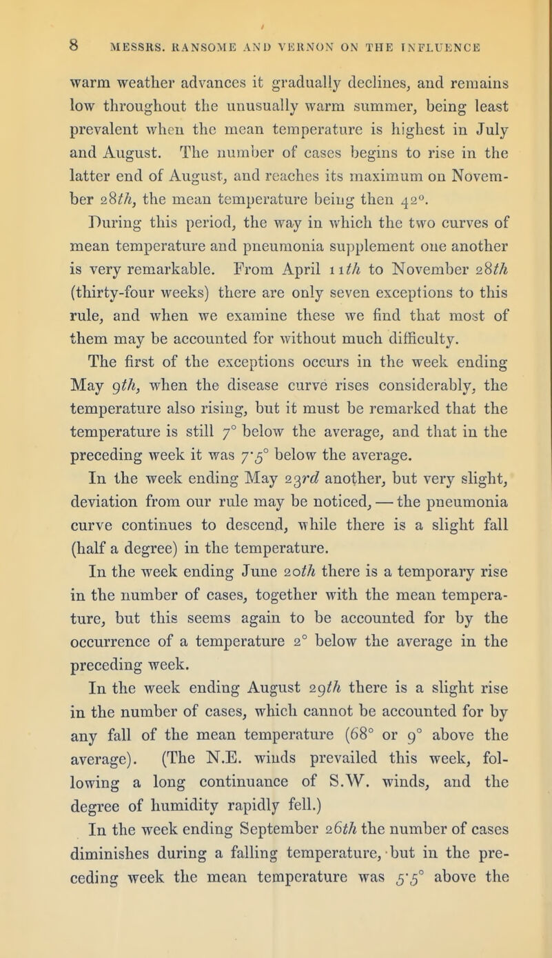 warm weather advances it gradually declines, and remains low throughout the unusually warm summer, being least prevalent when the mean temperature is highest in July and August. The number of cases begins to rise in the latter end of August, and reaches its maximum on Novem- ber 2%th, the mean temperature being then 42**. During this period, the way in which the two curves of mean temperature and pneumonia supplement one another is very remarkable. From April nth to November (thirty-four weeks) there are only seven exceptions to this rule, and when we examine these we find that most of them may be accounted for without much difficulty. The first of the exceptions occurs in the week ending May gth, when the disease curve rises considerably, the temperature also rising, but it must be remarked that the temperature is still 7° below the average, and that in the preceding week it was 7*5° below the average. In the week ending May 22,rd another, but very sHght, deviation from our rule may be noticed, — the pneumonia curve continues to descend, while there is a slight fall (half a degree) in the temperature. In the week ending June 9.0th there is a temporary rise in the number of cases, together with the mean tempera- ture, but this seems again to be accounted for by the occurrence of a temperature 2° below the average in the preceding week. In the week ending August 2^th there is a slight rise in the number of cases, which cannot be accounted for by any fall of the mean temperature (68° or 9° above the average). (The N.E. winds prevailed this week, fol- lowing a long continuance of S.W. winds, and the degree of humidity rapidly fell.) In the week ending September 26th the number of cases diminishes during a falling temperature, but in the pre- ceding week the mean temperature was 5\5° above the
