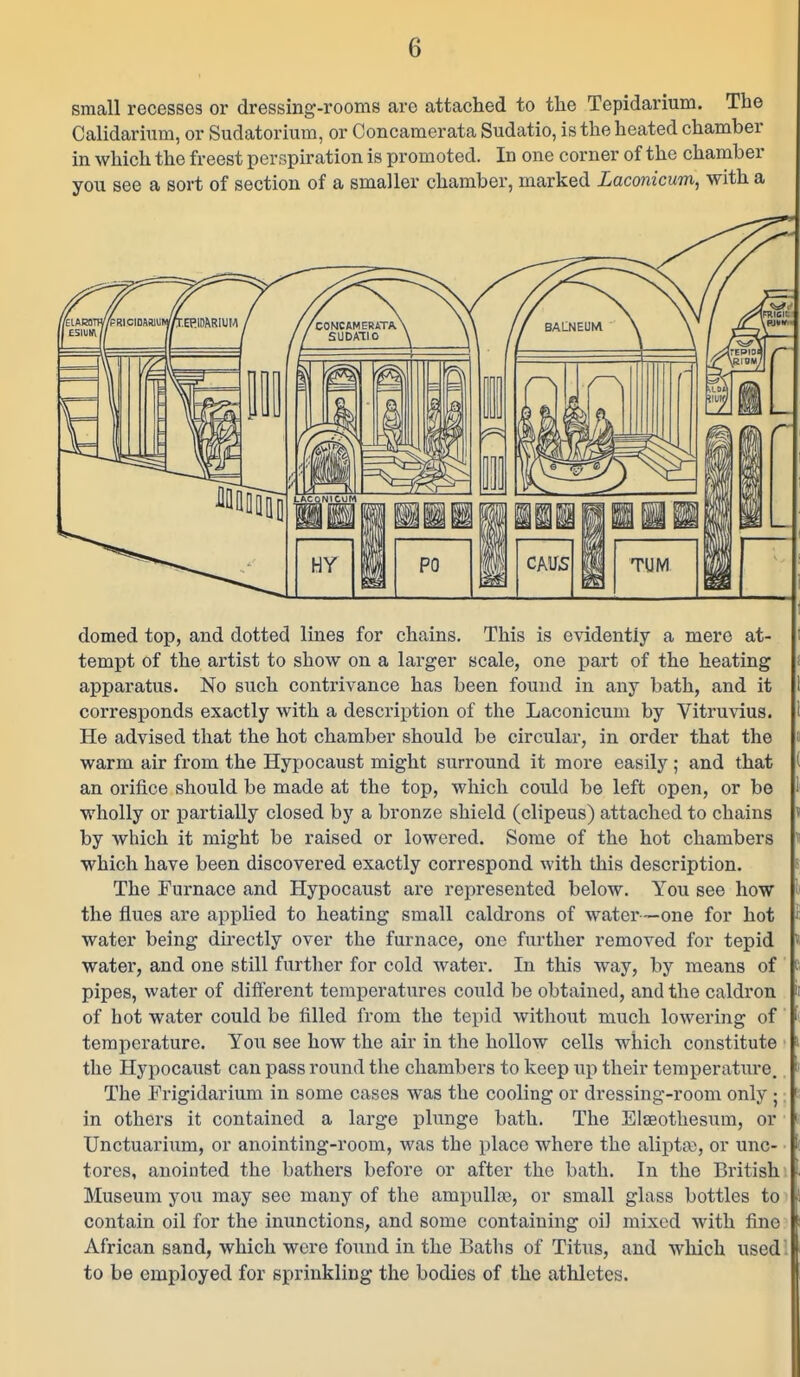small recesses or dressing-rooms are attached to the Tepidarium. The Calidarium, or Sudatorium, or Concamerata Sudatio, is the heated chamber in which the freest perspiration is promoted. In one corner of the chamber you see a sort of section of a smaller chamber, marked Laconicum, with a domed top, and dotted lines for chains. This is evidently a mere at- tempt of the artist to show on a larger scale, one part of the heating apparatus. No such contrivance has been found in any bath, and it corresponds exactly with a description of the Laconicum by Vitruvius. He advised that the hot chamber should be circular, in order that the warm air from the Hypocaust might surround it more easily ; and that an orifice should be made at the top, which could be left open, or be wholly or partially closed by a bronze shield (clipeus) attached to chains ' by which it might be raised or lowered. Some of the hot chambers fl which have been discovered exactly correspond with this description. The Furnace and Hypocaust are represented below. You see how the flues are applied to heating small caldrons of water—one for hot water being directly over the furnace, one further removed for tepid « water, and one still further for cold water. In this way, by means of 6 pipes, water of difi'erent temperatures could be obtained, and the caldron ii of hot water could be filled from the tepid without much lowering of temperature. You see how the air in the hollow cells which constitute the Hypocaust can pass round the chambers to keep up their temperature. The Frigidarium in some cases was the cooling or dressing-room only ; f in others it contained a large plunge bath. The Elaeothesum, or ' Unctuarium, or anointing-room, was the place where the alipta), or unc- tores, anointed the bathers before or after the bath. In the British • Museum you may see many of the ampulla?, or small glass bottles to ■. contain oil for the inunctions, and some containing oil mixed with fine ! African sand, which were found in the Baths of Titus, and which used to be employed for sprinkling the bodies of the athletes.