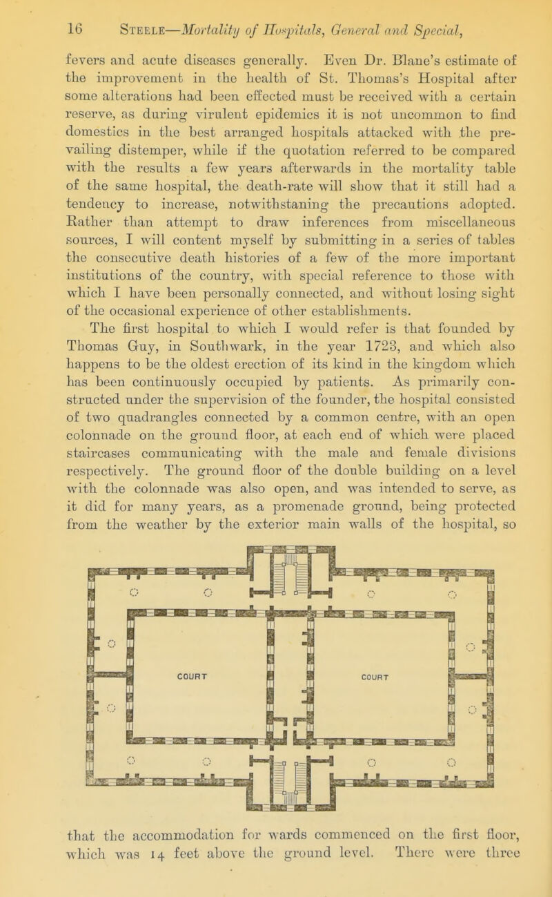 fevers and acute diseases generally. Even Dr. Blane's estimate of the improvement in the health of St. Thomas's Hospital after some alterations had been effected must be received with a certain reserve, as during virulent epidemics it is not uncommon to find domestics in tlie best arranged hospitals attacked with the pre- vailing distemper, while if the quotation referred to be compared with the results a few years afterwards in the mortality table of the same hospital, the death-rate will show that it still had a tendency to increase, notwithstaning the precautions adopted. Rather than attempt to draw inferences from miscellaneous sources, I will content myself by submitting in a series of tables the consecutive death histories of a few of the more important institutions of the country, with special reference to those with which I have been personally connected, and without losing sight of the occasional experience of other establishments. The first hospital to which I would refer is that founded by Thomas Guy, in Southwark, in the year 1723, and which also happens to be the oldest erection of its kind in the kingdom which has been continuously occupied by patients. As primarily con- structed under the supervision of the founder, the hospital consisted of two quadrangles connected by a common centre, with an open colonnade on the ground floor, at each end of which were placed staircases communicating with the male and female divisions respectively. The ground floor of the double building on a level Avith the colonnade was also open, and was intended to serve, as it did for many years, as a promenade ground, being protected from the weather by the exterior main walls of the hospital, so that the accommodation for wards commenced on the first floor, which was 14 feet above the ground level. There were throe