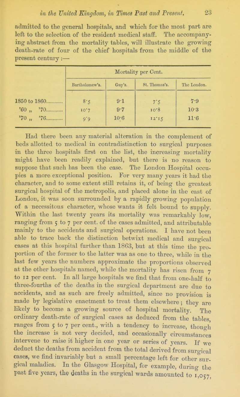 admitted to the general hospitals, and which for the most part are left to the selection of the resident medical staff. The accompany- ing abstract from the mortality tables, will illustrate the growing death-rate of four of the chief hospitals from the middle of the present century:— Mortality per Cent. Bartliolonievv's. Guy's. St. Thomas's. The Loudon. 1850 to 1860 8-5 91 7-5 7-9 '60 „ '70 io'7 9-7 10-8 10-3 '70 „ '76 9'9 10-6 12-15 11-6 Had there been any material alteration in the complement of beds allotted to medical in contradistinction to surgical purposes in the three hospitals first on the list, the increasing mortality might have been readily explained, but there is no reason to suppose that such has been the case. The London Hospital occu- pies a more exceptional position. For very many years it had the character, and to some extent still retains it, of being the greatest surgical hospital of the metropolis, and placed alone in the east of London, it was soon surrounded by a rapidly growing population of a necessitous character, whose wants it felt bound to supply. Within the last twenty years its mortality was remarkably low, ranging from 5 to 7 per cent, of the cases admitted, and attributable mainly to the accidents and surgical operations. I have not been able to trace back the distinction betwixt medical and surgical cases at this hospital further than 18G3, but at this time the pro- portion of the former to the latter was as one to three, while in the last few years the numbers approximate the proiDortions observed at the other hospitals named, while the mortality has risen from 7 to 12 per cent. In all large hospitals we find that from one-half to three-fourths of the deaths in the surgical department are due to accidents, and as such are freely admitted, since no provision is made by legislative enactment to treat them elsewhere; they are likely to become a growing source of hospital mortality. The ordinary death-rate of surgical cases as deduced from the tables ranges from 5 to 7 per cent., with a tendency to increase, though the increase is not very decided, and occasionally circumstances intervene to raise it higher in one year or series of years. If we deduct the deaths from accident from the total derived from suro-ical cases, we find invariably but a small percentage left for other sur- gical maladies. In the Glasgow Hospital, for example, during the past five years, the deaths in the surgical wards amounted to 1,057,