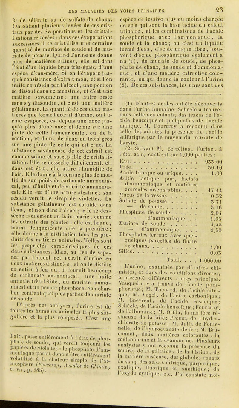 DES MALADIES DES VOIES UniNAinES. 3» lie sdlûnilc ou de sulfate de cliaux. On obtient plusieurs levées de ces cris- taux par des évaporalions et des crislal- lisalious réitérées : dans ces évaporalions successives il se cristallise une certaine quantité de murinte de soude et de niu- rialc de potasse. Quand l'urine ne donne plus de matières salines, elle est dans l'état d'un liquide brun très-épais, d'une espèce d'eau-nière. Si on l'évaporé jus- qu'à consistance d'extrait mou, et si l'on Iraile ce résidu par l'alcool, une portion se dissout dans ce menstrue, et c'est une matière savonneuse; une autre reste sans s'y dissoudre, et c'est une matière gélatineuse. La quantité de ces deux mn- tici cs que forme l'extrait d'urine, ou l'u- rine évaporée, est depuis une once jus- qu'à plus d'une once et demie sur une pinte de cette humeur cuite, ou delà coction, et d'un, de deux ou trois gros sur une pinte de celle qui est crue. La substance savonneuse de cet extrait est comme saline et susccplible de cristalli- .sation. Elle se dessèclie difficilement, et, dans cet état, elle attire l'humidilé de l'air. Elle donne à la cornue plus de moi- tié de son poids de carbonate ammonia- cal, peu d'huile et de muriale ammonia- cal. Elle est d'une nature alcaline; son résidu verdit le sirop de violettes. La substance gélatineuse est soluble dans l'eau , et non dans l'alcool ; elle se des- sèche facilement au bain-marie, comme les extraits des plantes : elle est brune, moins déliquesccnle que la première; elle donne à la distillation tous les pro- duits des matières animales. Telles sont les propriétés caraclérisliques de ces deux substances. Mais, au lieu de sépa- rer par l'alcool cet extrait d'urine en deux matières distinctes ; si on le distille en entier à feu nu, il fournit beaucoup de carbonate ammoniacal, une huile animale Irèi-fétide, du muriale ammo- niacal et un peu de ])hosphore. Son char- bon contient quelques parties de n)uriate de soude. D'après ces analyses, l'urine est de toutes les humeurs animales la plus sin- gulière et la plus composée. C'est une 1 air, passe enllèremcnt à l'ûiat de phos- ph.iie de soude, qui verdii loujours les papiers de violotics : le pliospliàle d'am- rnoiiiaquo parail donc s'circ enlu-ircmcnt volatilisé à la chaleur simple do Tat- niospln-Tc (/o^rcioy. Annales do Qhhnie, t. VII, p. 18.5). ' 23 espèce de lessive plus ou moini cliargée (le sels qui sont la base acide du calcul urinairc , et les combinaisons de l'acide phosphorique aveç l'ammoniaque , la soude et la chaux; ou c'est un liquide formé d'eau, d'acide urique libre, sou- vent d'acide phosphorique également à nu flj, de muriale de soude, de phos- phate de chaux, de soude et d'ammonia- que , et d'une matière cxtractive colo- rante , ou qui donne la couleur à l'urine (2). De ces substances, les unes sont des (1) D'autres acides ont été découverts dans l'urine humaine. Schéelc a trouvé, dans celle des enfants, des traces de l'a- cide benzoïqueel quelquefois de l'acide maliquc. RI. Fourcroy a reconnu dans celle des adultes la présence de l'acide sull'urique par le moyeu du muriatc do baryte. (2) Suivant M. TSerzélius, l'urine, à l'étal sain, contient sur 1,000 parties : Eau 933,00 Urée 30,10 Acide litliique ou urique. . . . 1,00 Acide laciiquc pur, lactnto d'ammoniaque et matières animales inséparables. . . . 17,1 i Mucus de la vessie 0,32 Sulfate de potasse 3,71 — de soude 3,16 Pliospliale de soude 2,94 — d'ammoniaque. . . 1,03 Muriale de soude //,/i3 — d'ammoniaque. . . . 1,30 Phosphates terreux avec quel- quelques parcelles do lluato de chaux 1 00 Silice 0,'05 Total. . , ,T7000,00 L'urine, examinée par d'autres clii- misles, et dans des coiidiiî6ns diverses, a présenté différents autres principes. N'auqueliu y a trouvé de l'acide phos- phorique; M. Tiiénard. de l'acide citri- que; M. Vogcl, de l'acide carbonique; M. C/ievreul, de l'acide rosaciqiie; Schéele, de l'acide beuz()ï()tic ; Fourcroy, de ralbumine; M. Orlila, la nui'.iérc ré- sineuse de la bile; Proust, de l'iiydro- chloratc de potasse; M. Julia de Fonte- nelle, de l'iiydrocyanale de fer; M. Bra- conuot, deux matières colorantes : la mélanourine et la cyanourinc. Plusieurs analystes y ont reconnu la présence du soufre, de la gélatine, do la fibrine, do la matière casèeuse, des globules rouges du sang, des acides nitrique, purpuri(juo, oxalique, lluori<|U(! cl xantbique; du 1 oxyde cyslique, etc. J'ai constaté mot.
