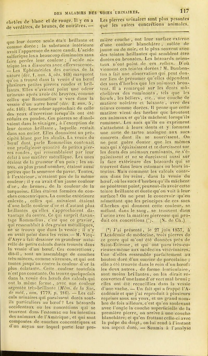 rhptres de lilanc et de rouge. Il y en a de verdàlres, de brunes, de noirùlres.— que leur écorce seule élaft brillaiile et comme doràe ; la subsiance iniérieiire avait l'apparence de sucre candi. L'acide sulfurique les a beaucoup diminuées sans fiiire perdre leur couleur ; l'acide ni- irique les a dissoutes avec effervescence. — Les Epliéméricles des curieux de la nature (dcc. 1, ami. à,obs. 1G8) marquent qu'on a trouvé dans la vessie d'un bœuf plusieurs pcliies pierres rondes et bril- lantes. Elles n'avaient point une odeur urineuse après avoir élc broyées, comme celles que IXommelius a vues dans la vessie d'un autre bœuf {cléc. 2, aini. .5, obs. liG). Leur odeur approchait de celle de!> yeux d'écrevisse lorsqu'ils ont éié réduits en poudre. Ces pierres se dissol- vaient dans le vinaigre, à l'excepiion de leur écorce brillante , laquelle restait dans son entier. Elles donnaient un pré- cipité blanc par les alcalis. La vessie du bœuf dont parle Rommelius contenait une prodigieuse quantité de petites pier- res rondes , qui ressemblaient par leur éclata une matière métallique. Les unes étaient de la grosseur d'un pois ; les au- tres, en plus grand nombre, étaient aussi petites que la semence du pavot. Toutes, à l'extérieur, n'étaient pas de la même couleur; il y eu avait d'un jaune couleur d'or, de brunes, de la couleur de la turquoise. Klles étaient formées de cou- ches concentriques. La couche extérieure enlevée , celles qui suivaient étaient d'une belle couleur d'or et d'autant plus brillantes qu'elles s'approchaient da- vantage du centre. Ce qui surprit davan- tage Rommelius, c'est que ce gravier, qui ressemblait à des grains métalliques, ne se trouva que dans la vessie ; il n'y en avait point dans les reins.— M. Vicq- d'Azyra fait dessiner en grandeur natu- relle de petits Calculs dorés trouvés dans la vessie d'un bœuf. Ces concrétions , dit-il , sont un assemblage de couches Irés minces, comme viireu!-es, et qui ont toutes jusqu'au centre la couleur d'or la plus éclatante. Cette couleur toutefois n'est pas constante. On trouve quelquefois dans la vessie des bœufs des calculs qui ont la même forme , avec une couleur argentée tres-brillanle (Mum. de lu Soc. du mdd., mm. 1779, 21G). — Les cal- culs urinaires qui paraissent dorés sont- ils particuliers au bœuf? Les bézoards occidentaux ou les concrétions qui se trouvent dans l'estomac ou les intestins des animaux de l'Amérique, et qui sont composées de couches concentriques et d'un noyau sur lequel porte leur pre- VÔIES cniNAlRES. 117 Les pierres urinaires sont plus pesantes que les autres concrétions animales. mière couche , ont leur surface externe d'une conleur blanchâtre , mêlée de jaune ou de noir, et le plus souvent avec des teintes brillantes qui semblent être dorées ou bronzées. Les bézoards orien- taux n'ont point de ces rellets. D'où viennent ces teintes dorées? M. Dauben- tou a lait une observation qui peut don- ner lieu de présumer qu'elles dépendent des sucs d'herbes que les animaux brou- tent. Il a remarqué sur les dents mâ- clieliûres des ruminants , tels que les bœufs , les béliers , etc., une couche de matière noirâtre et luisante , avec des teintes comme dorées. Il pense que cette matière vient des herbes que broutent ces animaux et qu'ils mâchent lorsqu'ils ruminent. Les sucs qu'ils en expriment s'attachent à leurs dents et y forment une sorte de tartre analogue aux sucs concrets dont ils se nourrissent. On ne peut guère douter que les mêmes sucs qui s'épaississent et se durcissent sur les dents des animaux ruminants, ne s'é- paississent et ne se durcissent aussi sur la face extérieure des bézoards qui se trouvent dans leurs estomacs ou leurs in- testins. Mais comment les calculs conte- nus dans les reins , dans la vessie du bœuf, où les sucs d'herbes qu'ils mâchent ne pénètrent point, peuvent-ils avoir celte teinte brillante et dorée qu'on voit à leur surface? On ne peut le concevoir qu'en admettant que les principes de ces sucs d'herbes qui donnent celte couleur, se mêlant dans le sang, se trouvent dans l'urine avec la matière pierreuse qui pro- duit ces concrétions {'). (N. de Ch.) (*) J'ai présenté, le 27 juin 1837, à l'Académie de médecine, trois pierres do ce genre qui m'ont été données près de Saint-Éiienno , et qui ont paru très-cu- rieuses même aux médecins vétérinaires. Une d'elles ressemble parfaitement au boulon doré d'un sucrier de porcelaine ; elle a été trouvée dans le rein d'un bœuf: les deux autres, de forme h-nticulaire, sont moins brillantes, on les dirait re- couvertesd'unelamed'or vert mal bruni ; elles ont été recueillies dans la vessie d'une vache. — Un fait qui a frappé l'A- cadémie et que j'ai reproduit à plusieurs reprises sous ses yeux, et un grand nom- bre de fois ailleurs, c'est qu'eti souhivant avec l'ongle la couche superliciellc de la première pierre, on arrive à une couche blanchâtre; et qu'en frottant colle-ci avec la pulpe du doigt, on lui rend à l'instant son aspect doré. — Soumis à l'analyse