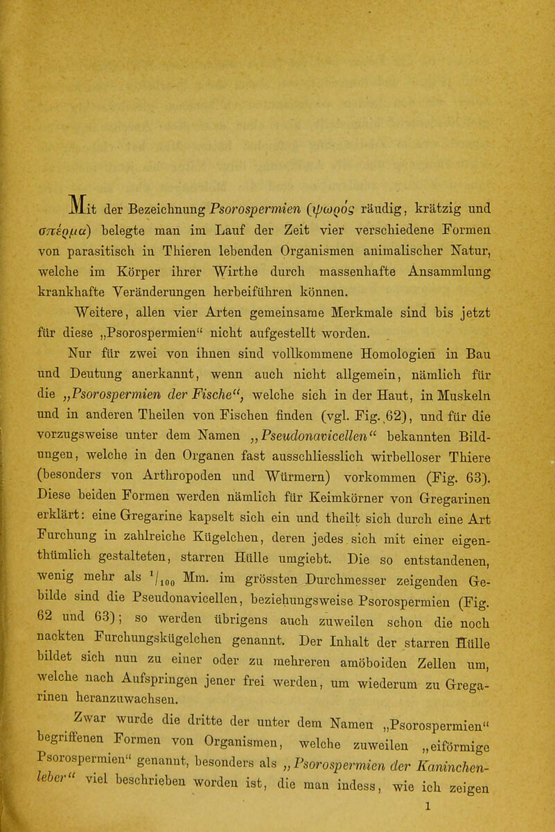 Mit der Bezeichnung Psorospermien (ipMQog räudig, krätzig und 07VSQ/iia) belegte man im Lauf der Zeit vier verschiedene Formen von parasitisch in Thieren lebenden Organismen animalischer Natur, welche im Körper ihrer Wirthe durch massenhafte Ansammlung krankhafte Veränderungen herbeiführen können. Weitere, allen vier Arten gemeinsame Merkmale sind bis jetzt für diese „Psorospermien nicht aufgestellt worden. Nur für zwei von ihnen sind vollkommene Homologien in Bau und Deutung anerkannt, wenn auch nicht allgemein, nämlich für die „Psorospermien der Fische, welche sich in der Haut, in Muskeln und in anderen Theilen von Fischen finden (vgl. Fig. 62), und für die vorzugsweise unter dem Namen „Pseudonavicellen bekannten Bild- ungen, welche in den Organen fast ausschliesslich wirbelloser Thiere (besonders von Arthropoden und Würmern) vorkommen (Fig. 63), Diese beiden Formen werden nämlich für Keimkörner von Gregarinen erklärt: eine Gregarine kapselt sich ein und theilt sich durch eine Art Furchung in zahlreiche Kügelchen, deren jedes sich mit einer eigen- thümlich gestalteten, starren Hülle umgiebt. Die so entstandenen, wenig mehr als ^j^^^ Mm. im grössten Durchmesser zeigenden Ge- bilde sind die Pseudonavicellen, beziehungsweise Psorospermien (Fig. 62 und 63); so werden übrigens auch zuweilen schon die noch nackten Furchungskügelchen genannt. Der Inhalt der starren Hülle bildet sich nun zu einer oder zu mehreren amöboiden Zellen um, welche nach Aufspringen jener frei werden, um wiederum zu Grega- rinen heranzuwachsen. Zwar wurde die dritte der unter dem Namen „Psorospermien begriffenen Formen von Organismen, welche zuweilen „eiförmige Psorospermien genannt, besonders als „Psorospermien der Kaninchen- leber viel beschrieben worden ist, die man indess, wie ich zeigen