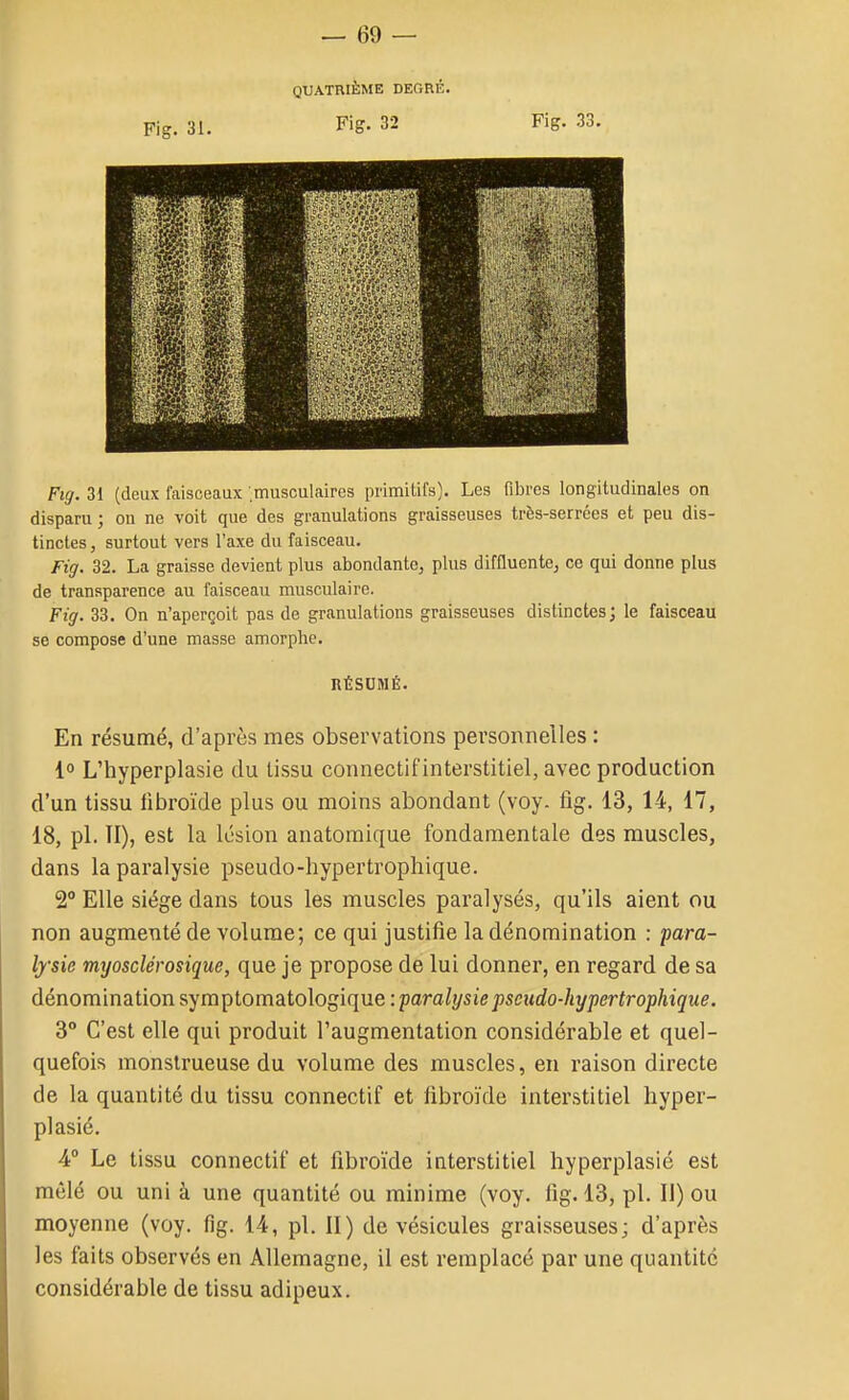 QUATRIÈME DEGRÉ. Fig. 31. Fig. 32 Fig. 33. Fig. 31 (deux faisceaux ;musculaires primitifs). Les fibres longitudinales on disparu ; on ne voit que des granulations graisseuses très-serrées et peu dis- tinctes, surtout vers l'axe du faisceau. Fig. 32. La graisse devient plus abondante, plus diffluentej ce qui donne plus de transparence au faisceau musculaire. Fig. 33. On n'aperçoit pas de granulations graisseuses distinctes; le faisceau se compose d'une masse amorphe. RÉSUMÉ. En résumé, d'après mes observations personnelles : 1 L'hyperplasie du tissu connectif interstitiel, avec production d'un tissu libroïde plus ou moins abondant (voy. fig. 13, 14, 17, 18, pl. TI), est la lésion anatoraique fondamentale des muscles, dans la paralysie pseudo-hypertrophique. 2° Elle siège dans tous les muscles paralysés, qu'ils aient ou non augmenté de volume; ce qui justifie la dénomination : 'para- lysie myosclérosique, que je propose de lui donner, en regard de sa dénomination syœii)lomato\ogiqu.e -.paralysie psciido-hypertrophique. 3° C'est elle qui produit l'augmentation considérable et quel- quefois monstrueuse du volume des muscles, en raison directe de la quantité du tissu connectif et fibroïde interstitiel hyper- pi asié. 4° Le tissu connectif et fibroïde interstitiel hyperplasié est mêlé ou uni à une quantité ou minime (voy. fig. 13, pl. Il) ou moyenne (voy. fig. 14, pl. II) de vésicules graisseuses; d'après les faits observés en Allemagne, il est remplacé par une quantité considérable de tissu adipeux.