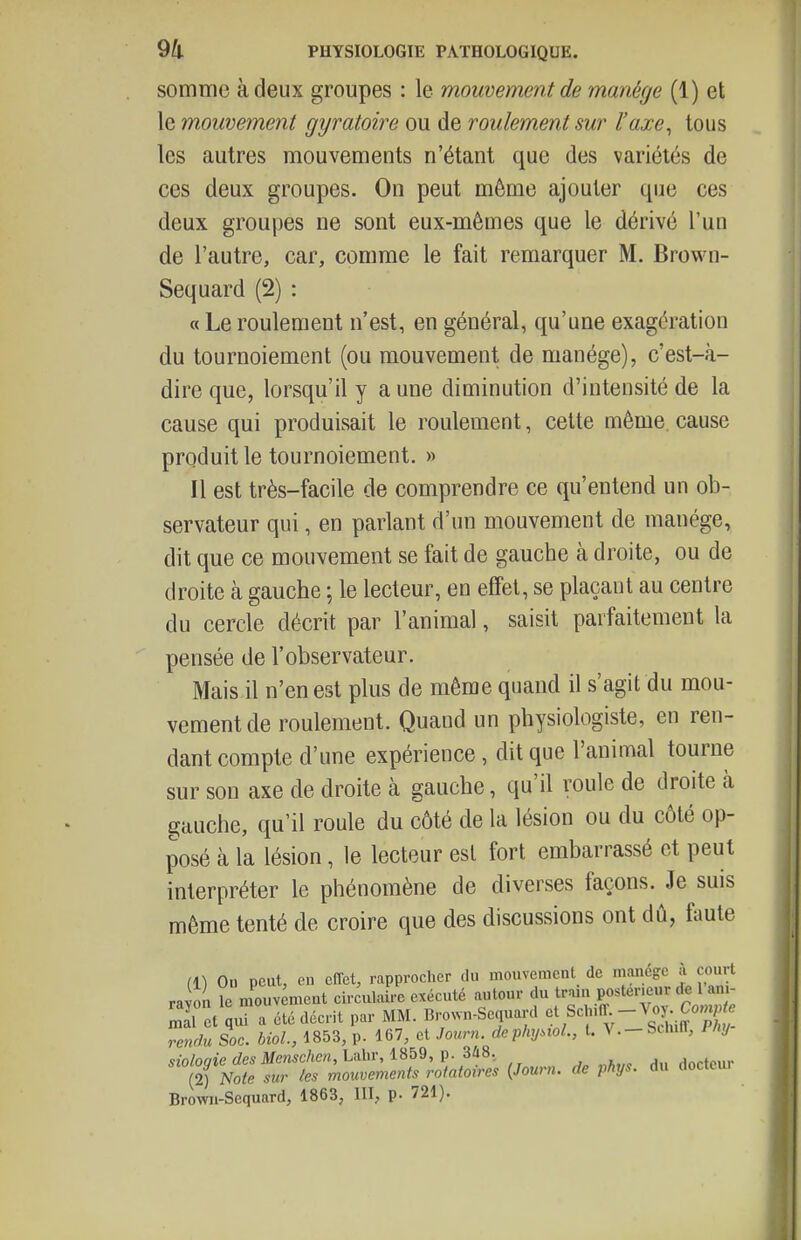 somme à deux groupes : le mouvement de manège (1) et le mouvement gyratoire ou de roulement sur l'axe^ tous les autres mouvements n'étant que des variétés de ces deux groupes. On peut môme ajouter que ces deux groupes ne sont eux-mêmes que le dérivé l'un de l'autre, car, comme le fait remarquer M. Brown- Sequard (2) : « Le roulement n'est, en général, qu'une exagération du tournoiement (ou mouvement de manège), c'est-à- dire que, lorsqu'il y a une diminution d'intensité de la cause qui produisait le roulement, cette même cause produit le tournoiement. » Il est très-facile de comprendre ce qu'entend un ob- servateur qui, en parlant d'un mouvement de manège, dit que ce mouvement se fait de gauche à droite, ou de droite à gauche ; le lecteur, en effet, se plaçant au centre du cercle décrit par l'animal, saisit parfaitement la pensée de l'observateur. Mais il n'en est plus de même quand il s'agit du mou- vement de roulement. Quand un physiologiste, en ren- dant compte d'une expérience, dit que l'animal tourne sur son axe de droite à gauche, qu'il roule de droite à gauche, qu'il roule du côté de la lésion ou du côté op- posé à la lésion, le lecteur est fort embarrassé et peut interpréter le phénomène de diverses façons. Je suis môme tenté de croire que des discussions ont dû, faute (1) Ou peut, en effet, rapprocher du mouvement de manège ji court rayon le mouvement circulaire exécuté autour du tr«n postérieur de 1 an - S et quT a été décrit par MM. Bro.n-Sequard Sch.fT.-Vo^ Co,«, rendu Soc. Mol, 1853, p. 167, et Journ. dephy.iol., t. V.-StlulT, 1 liy 5îWooierfe5i»/ensc/te»,Lalir, 1859, p. 3Û8, . hu docteur (2) No^e sur les mouvements rofatoires {Journ. de phys. du docteur Brown-Sequard, 1863, III, p. 721).