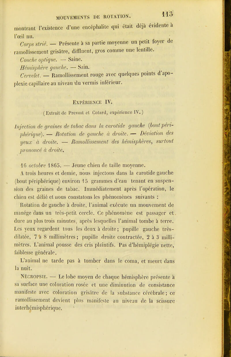 nionlraiu l'existence d'une encéphalite qui était déjà évidente à l'œil nu. Corps strié. — Présente à sa partie moyenne un petit foyer de ramollissement grisâtre, difilaent, gros comme une lentille. Couche optique. — Saine. Bémisphère gauche. — Sain. Cewelet. — Ramollissement rouge avec quelques points d'apo- plexie capillaire au niveau du verrais inférieur. Expérience IV. (Extrait de Prévost et Gotard, expérience IV.) Injection de graines de tabac dans la carotide gauche {bout péri- phérique). — Rotation de gauche à droite. — Déviation des yeux à droite. — Ramollissement des hémisphères, surtout prononcé à droite. 16 octobre 1865. — Jeune chien de taille moyenne. A trois heures et demie, nous injectons dans la carotide gauche (bout périphérique) environ 15 grammes d'eau tenant en suspen- sion des graines de tabac. Immédiatement après l'opération, le chien est délié et nous constatons les phénomènes suivants : Rotation de gauche à droite, l'animal exécute un mouvement de manège dans un très-petit cercle. Ce phénomène est passager et. dure au plus trois minutes, après lesquelles l'animal tombe à terre. Les yeux regardent tous les deux à droite ; pupille gauche très- dilatée, 7 à 8 millimètres ; pupille droite contractée, 2 à 3 milli- mètres. L'animal pousse des cris plaintifs. Pas d'hémiplégie nette, faiblesse générale. L'animal ne tarde pas à tomber dans le coma, et meurt dans la nuit. Nécropsie. — Le lobe moyen de chaque hémisphère présente à sa surface une coloration rosée et une diminution de consistance manifeste avec coloration grisâtre de la substance cérébrale; ce ramollissement devient pitis manifeste au niveau de la scissure interhémisphérique.