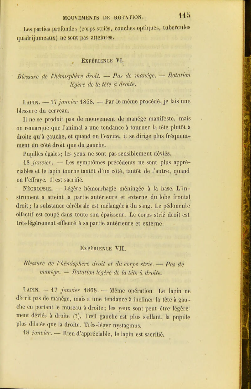 Lesi)artics profondes (corps striés, couches optiques, tubercules quadrijumeaux) ne sont pas atteintes. , Expérience VI. Blessure de l'hémisphère droit. — Pas de manège. — Rotation légère de la tête à droite. Lapin. — il janvier 1868. — Par le même procédé, je fais une blessure du cerveau. Il ne se produit pas de mouvement de manège manifeste, mais on remarque que l'animal a une tendance à tourner la tête plutôt à droite qu'à gauche, et quand on l'excite, il se dirige plus fréquem- ment du côté di'oit que du gauche. Pupilles égales; les yeux ne sont pas sensiblement déviés. 18 janvier. — Les symptômes précédents ne sont plus appré- ciables et le lapin tourne tantôt d'un côté, tantôt de l'autre, quand on l'effraye. Il est sacrifié. NÉGROPSIE. — Légère hémorrhagie méningée à la base. L'in- strument a atteint la partie antérieure et externe du lobe frontal droit; la substance cérébrale est mélangée à du sang. Le pédoncule olfactif est coupé dans toute son épaisseur. Le corps strié droit est très-légèrement effleuré à sa partie antérieure et externe. Expérience VII. Blessure de l'hémisphère droit et du corps strié. — Pas de manège. — Rotation légère de la tête à droite. Lapin. — 17 janvier 1868. — Même opération Le lapin ne dérrit pns de manège, mais a une tendance h incliner la tête à gau- che en portant le museau à droite; les yeux sont peut-être légère- ment déviés à droite (?), l'œil gauche est plus saillant, la pupille plus dilaiée que la droite. Très-léger nystagmus. 18 janvier. — Rien d'appréciable, le lapin est sacrifié.