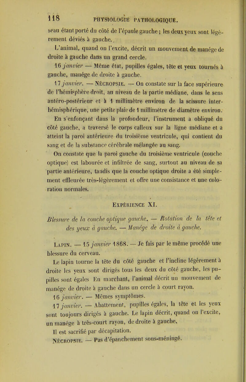 seau étant porté du côté de l'épaule gauche ; les deux yeux sont légè- rement déviés à gauche. L'animal, quand on l'excite, décrit un mouvement de manège de droite à gauche dans un grand cercle. 16 janvier — Même état, pupilles égales, tête et yeux tournés à gauche, manège de droite à gauche. 17 janvier. — Nécropsie. — On constate sur la face supérieure de l'hémipphère droit, au niveau de la partie médiane, dans le sens antéro-postérieur et à 1 millimètre environ de la scissure inter- hémisphérique, une petite plaie de 1 millimètre de diamètre environ. En s'enfonçant dans la profondeur, l'instrument a obliqué du côté gauche, a traversé le corps calleux sur la ligne médiane et a atteint la paroi antérieure du troisième ventricule, qui contient du sang et de la substance cérébrale mélangée au sang. On constate que la paroi gauche du troisième ventricule (couche optique) est labourée et infiltrée de sang, surtout au niveau de sa partie antérieure, tandis que la couche optique droite a été simple- ment effleurée très-légèrement et offre une consistance et une colo- ration normales. Expérience XI. Blessure de la couche optique gauche. — Rotation de la tête et des yeux à gauche. — Manège de droite à gauche. Lapin. — \^ janvier 1868. — Je fais par le même procédé une blessure du cerveau. Le lapin tourne la tète du côté gauche et l'incline légèrement à droite les yeux sont dirigés tous les deux du côté gauche, les pu- pilles sont égales En marchaat, l'animal décrit un mouvement de manège de droite à gauche dans un cercle à court rayon. 16 janvier. — Mêmes symptômes. 17 janvier. — Abattement, pupilles égales, la tête et les yeux sont toujours dirigés b gauche. Le lapin décrit, quand on l'excite, un manège à très-court rayon, de droite à gauche. Il est sacrifié par décapitation. NÉCROPSIE. — Pas d'épanchement sous-méningé.