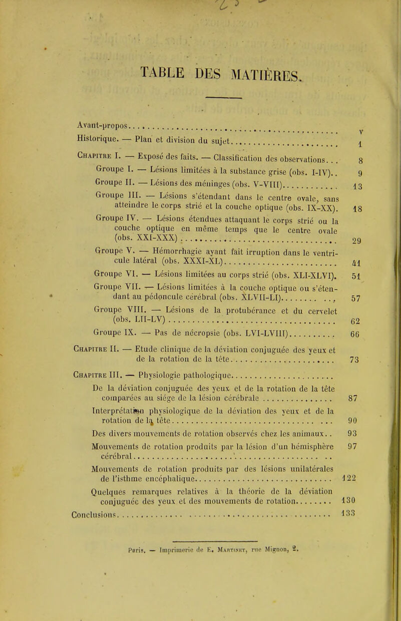 TABLE DES MATIÈRES. Avant-propos Historique. — Plan et division du sujet Groupe 111. — Lésions s'étendant dans le centre ovale, sans atteindre le corps strié et la couche optique (obs. IX-XX). Groupe IV. — Lésions étendues attaquant le corps strié ou la couche optique en même temps que le centre ovale (obs. XXl-XXX) 2 Groupe V. — Hémorrhagie ayant fait irruption dans le ventri- cule latéral (obs. XXXI-XL) 41 Groupe VI. — Lésions limitées au corps strié (obs. XLI-XLVI). 51 Groupe VIL — Lésions limitées à la couche optique ou s'éten- dant au pédoncule cérébral (obs. XLVIl-Ll) , 57 Groupe Vlll. — Lésions de la protubérance et du cervelet (obs. LIl-LV) 62 Groupe IX. — Pas de nécropsie (obs. LVI-LVIll) 66 Chapitre IL — Etude clinique de la déviation conjuguée des yeux et de la rotation de la tète 73 Chapitre III. — Physiologie pathologique De la déviation conjuguée des yeux cl de la rotation de la tête comparées au siège de la lésion cérébrale 87 Interprétalisn physiologique de la déviation des yeux et de la rotation de li^ tête 90 Des divers mouvements de rotation observés chez les animaux.. 93 Mouvements de rotation produits par la lésion d'un hémisphère 97 cérébral ' Mouvements de rotation produits par des lésions unilatérales de l'isthme encéphalique 122 Quelques remarques relatives à la théorie de la déviation conjuguée des yeux et des mouvements de rotation 130 Conclusions l'^3 l'ni'is. — Imiuiiuoi'ie de lî. MAnTiNiiT, me Migaon, 2.