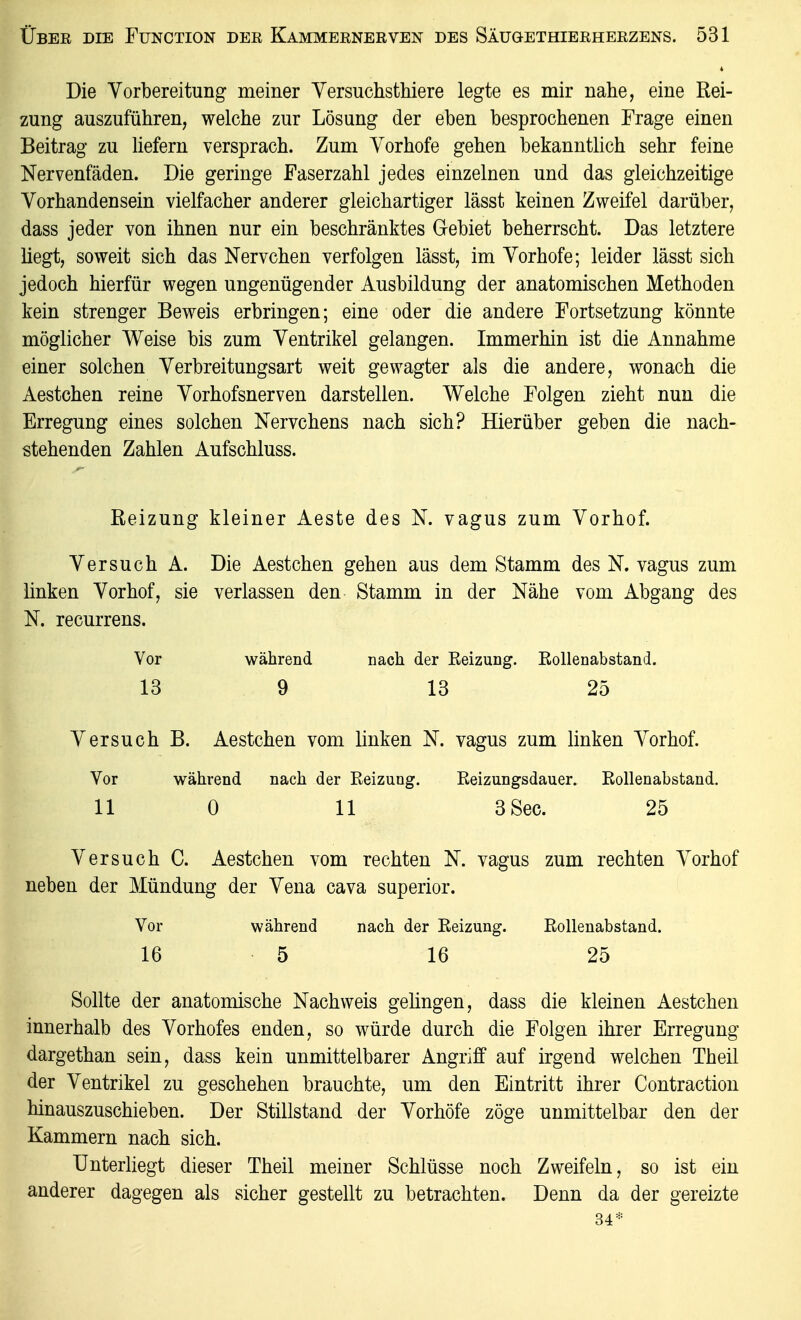 Die Vorbereitung meiner Yersuchsthiere legte es mir nahe, eine Rei- zung auszuführen, welche zur Lösung der eben besprochenen Frage einen Beitrag zu hefern versprach. Zum Yorhofe gehen bekanntlich sehr feine Nervenfäden. Die geringe Faserzahl jedes einzelnen und das gleichzeitige Vorhandensein vielfacher anderer gleichartiger lässt keinen Zweifel darüber, dass jeder von ihnen nur ein beschränktes Gebiet beherrscht. Das letztere liegt, soweit sich das Nervchen verfolgen lässt, im Vorhofe; leider lässt sich jedoch hierfür wegen ungenügender Ausbildung der anatomischen Methoden kein strenger Beweis erbringen; eine oder die andere Fortsetzung könnte möglicher Weise bis zum Ventrikel gelangen. Immerhin ist die Annahme einer solchen Verbreitungsart weit gewagter als die andere, wonach die Aestchen reine Vorhofsnerven darstellen. Welche Folgen zieht nun die Erregung eines solchen Nervchens nach sich? Hierüber geben die nach- stehenden Zahlen Aufschluss. Reizung kleiner Aeste des N. vagus zum Vorhof. Versuch A. Die Aestchen gehen aus dem Stamm des N. vagus zum linken Vorhof, sie verlassen den Stamm in der Nähe vom Abgang des N. recurrens. Vor während nach der Keizung. Rollenabstand. 13 9 13 25 Versuch B. Aestchen vom linken N. vagus zum linken Vorhof. Vor während nach der Eeizung. Reizungsdauer. Rollenabstand. 11 0 11 3 See. 25 Versuch C. Aestchen vom rechten N. vagus zum rechten Vorhof neben der Mündung der Vena cava superior. Vor während nach der Reizung. Rollenabstand. 16 5 16 25 Sollte der anatomische Nachweis gelingen, dass die kleinen Aestchen innerhalb des Vorhofes enden, so würde durch die Folgen ihrer Erregung dargethan sein, dass kein unmittelbarer Angriff auf irgend welchen Theil der Ventrikel zu geschehen brauchte, um den Eintritt ihrer Contraction hinauszuschieben. Der Stillstand der Vorhöfe zöge unmittelbar den der Kammern nach sich. Unterliegt dieser Theil meiner Schlüsse noch Zweifeln, so ist ein anderer dagegen als sicher gestellt zu betrachten. Denn da der gereizte 34=-=