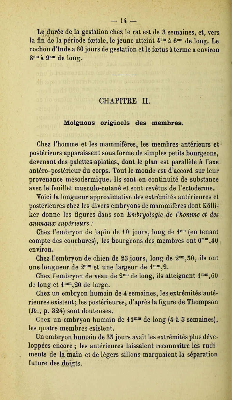 Le durée de la gestation chez le rat est de 3 semaines, et, vers la fin de la période fœtale, le jeune atteint 4*^°^ à 6^™ de long. Le cochon d'Inde a 60 jours de gestation et le fœtus à terme a environ 3cni à gcm de long. CHAPITRE IL Moignons originels des membres. Chez l'homme et les mammifères, les membres antérieurs et postérieurs apparaissent sous forme de simples petits bourgeons, devenant des palettes aplaties, dont le plan est parallèle à l'axe antéro-postérieur du corps. Tout le monde est d'accord sur leur provenance mésodermique. Ils sont en continuité de substance avec le feuillet musculo-cutané et sont revêtus de Fectoderme. Voici la longueur approximative des extrémités antérieures et postérieures chez les divers embryons de mammifères dont Kôlli- ker donne les figures dans son Embryologie de Vhomme et des animaux supérieurs : Chez l'embryon de lapin de 10 jours, long de i^^ (en tenant compte des courbures), les bourgeons des membres ont 0',40 environ. Chez l'embryon de chien de 25 jours, long de 2'^°',50, ils ont une longueur de 2°^°^ et une largeur de 1™',2. Chez l'embryon de veau de 2'^' de long, ils atteignent 1™'°,60 de long et 1™°^,20 de large. Chez un embryon humain de 4 semaines, les extrémités anté- rieures existent; les postérieures, d'après la figure de Thompson (Ib., p. 324) sont douteuses. Chez un embryon humain de ii^^ de long (4 à 6 semaines), les quatre membres existent. Un embryon humain de 35 jours avait les extrémités plus déve- loppées encore ; les antérieures laissaient reconnaître les rudi- ments de la main et de légers sillons marquaient la séparation future des çj^igts.