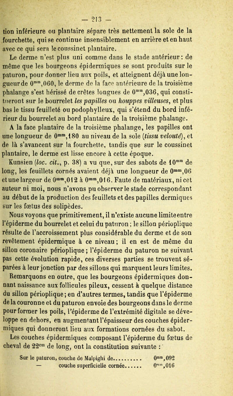 tion inférieure ou plantaire sépare très nettement la sole de la fourchette, qui se continue insensiblement en arrière et en haut avec ce qui sera le coussinet plantaire. Le derme n'est plus uni comme dans le stade antérieur: de même que les bourgeons épidermiques se sont produits sur le paturon, pour donner lieu aux poils, et atteignent déjà une lon- gueur de 0™°',060, le derme de la face antérieure de la troisième phalange s'est hérissé de crêtes longues de O'^^^OSô, qui consti- tueront sur le bourrelet les papilles ou houppes villeuses^ et plus bas le tissu feuilleté ou podophylleux, qui s'étend du bord infé- rieur du bourrelet au bord plantaire de la troisième phalange. A la face plantaire de la troisième phalange, les papilles ont une longueur de 0™™,180 au niveau de la sole {tissu velouté), et de là s'avancent sur la fourchette, tandis que sur le coussinet plantaire, le derme est lisse encore à cette époque. Kunsien (loc. cit., p. 38) a vu que, sur des sabots de 10™ de long, les feuillets cornés avaient déjà une longueur de 0™'°,06 et une largeur de 0^'°,012 à 0'^,016. Faute de matériaux, ni cet auteur ni moi, nous n'avons pu observer le stade correspondant au début de la production des feuillets et des papilles dermiques sur les fœtus des solipèdes. Nous voyons que primitivement, il n'existe aucune limite entre l'épiderme du bourrelet et celui du paturon ; le sillon périoplique résulte de l'accroissement plus considérable du derme et de son revêtement épidermique à ce niveau; il en est de même du sillon coronaire périoplique; l'épiderme du paturon ne suivant pas cette évolution rapide, ces diverses parties se trouvent sé- parées à leur jonction par des sillons qui marquent leurs limites. Remarquons en outre, que les bourgeons épidermiques don- nant naissance aux follicules pileux, cessent à quelque distance du sillon périoplique ; en d'autres termes, tandis que l'épiderme de la couronne et du paturon envoie des bourgeons dans le derme pour former les poils, l^épiderme de l'extrémité digitale se déve- loppe en dehors, en augmentant l'épaisseur des couches épider- miques qui donneront lieu aux formations cornées du sabot. Les couches épidermiques composant l'épiderme du fœtus de cheval de 22^°^ de long, ont la constitution suivante : Sur le paturon, couche de Malpighi de 0'°'°,092 — couche superficielle cornée O''%016