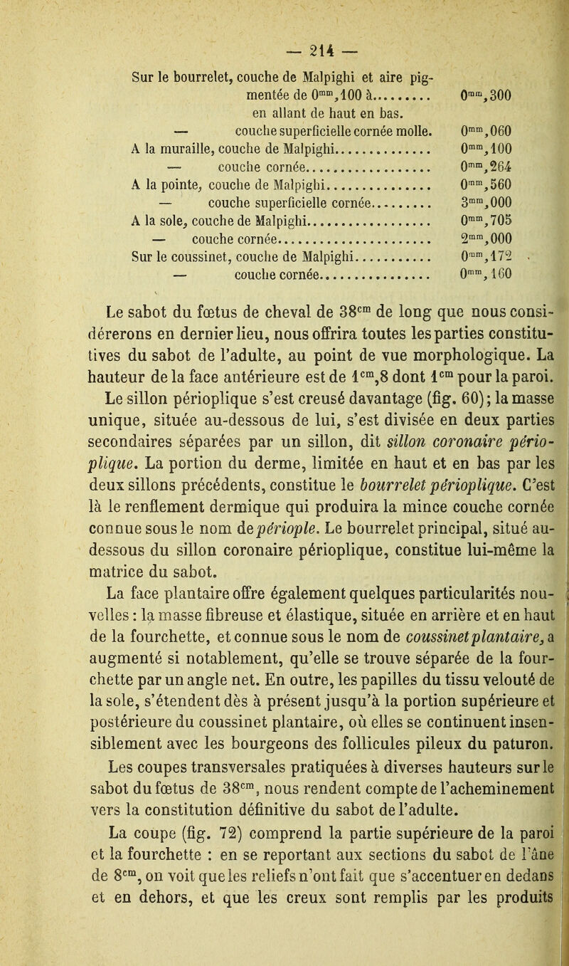 Sur le bourrelet, couche de Malpighi et aire pig- mentée de 0°^,100 à en allant de haut en bas. — couche superficielle cornée molle. A la muraille, couche de Malpighi — couche cornée A la pointe, couche de Malpighi — couche superficielle cornée A la sole, couche de Malpighi — couche cornée Sur le coussinet, couche de Malpighi — couche cornée 0>^,060 0■^100 0tnm^264 3™,000 2mm^000 Qmm^iyQ 0',160 Le sabot du fœtus de cheval de 38<^* de long que nous consi- dérerons en dernier lieu, nous offrira toutes les parties constitu- tives du sabot de l'adulte, au point de vue morphologique. La hauteur de la face antérieure est de i^^^S dont i^^ pour la paroi. Le sillon périoplique s'est creusé davantage (fîg. 60) ; la masse unique, située au-dessous de lui, s*est divisée en deux parties secondaires séparées par un sillon, dit sillon coronaire pério- plique, La portion du derme, limitée en haut et en bas par les deux sillons précédents, constitue le bourrelet périoplique. C'est là le renflement dermique qui produira la mince couche cornée connue sous le nom àepériople. Le bourrelet principal, situé au- dessous du sillon coronaire périoplique, constitue lui-même la matrice du sabot. La face plantaire offre également quelques particularités nou- velles : la masse fibreuse et élastique, située en arrière et en haut de la fourchette, et connue sous le nom de coussinet plantaire^ a augmenté si notablement, qu'elle se trouve séparée de la four- chette par un angle net. En outre, les papilles du tissu velouté de la sole, s'étendent dès à présent jusqu'à la portion supérieure et postérieure du coussinet plantaire, où elles se continuent insen- siblement avec les bourgeons des follicules pileux du paturon. Les coupes transversales pratiquées à diverses hauteurs sur le sabot du fœtus de 38^^, nous rendent compte de l'acheminement vers la constitution définitive du sabot de l'adulte. La coupe (fîg. 72) comprend la partie supérieure de la paroi et la fourchette : en se reportant aux sections du sabot de Fane de 8^°^, on voit que les reliefs n'ont fait que s'accentuer en dedans et en dehors, et que les creux sont remplis par les produits