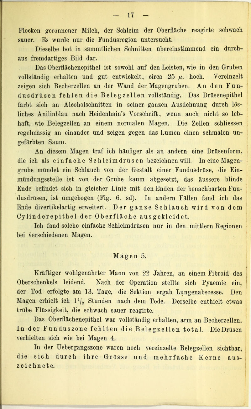 Flocken geronnener Milch, der Schleim der Oberfläche reagirte schwach sauer. Es wurde nur die Fundusregion untersucht. Dieselbe bot in sämmtlichen Schnitten übereinstimmend ein durch- aus fremdartiges Bild dar. Das Oberflächenepithel ist sowohl auf den Leisten, wie in den G-ruben vollständig erhalten und gut entwickelt, circa 25 ^i. hoch. Vereinzelt zeigen sich Becherzellen an der Wand der Magengruben. An den Fun- dusdrüsen fehlen die Belegzellen vollständig. Das Drüsenepithel färbt sich an Alcoholschnitten in seiner ganzen Ausdehnung durch lös- liches Anilinblau nach Heidenhain's Vorschrift, wenn auch nicht so leb- haft, wie Belegzellen an einem normalen Magen. Die Zellen schliessen regelmässig an einander und zeigen gegen das Lumen einen schmalen un- gefärbten Saum. An diesem Magen traf ich häufiger als an andern eine Drüsenform, die ich als einfache Schleimdrüsen bezeichnen will In eine Magen- grube mündet ein Schlauch von der Gestalt einer Fundusdrüse, die Ein- mündungsstelle ist von der Grube kaum abgesetzt, das äussere blinde Ende befindet sich in gleicher Linie mit den Enden der benachbarten Fun- dusdrüsen, ist umgebogen (Fig. 6. sd). In andern Fällen fand ich das Ende divertikelartig erweitert. Der ganze Schlauch wird von dem Cylind er epithel der Oberfläche ausgekleidet. Ich fand solche einfache Schleimdrüsen nur in den mittlem Regionen bei verschiedenen Magen. Mägen 5. Kräftiger wohlgenährter Mann von 22 Jahren, an einem Fibroid des Oberschenkels leidend. Nach der Operation stellte sich Pjaemie ein, der Tod erfolgte am 13. Tage, die Sektion ergab Lungenabscesse. Den Magen erhielt ich Stunden nach dem Tode. Derselbe enthielt etwas trübe Flüssigkeit, die schwach sauer reagirte. Das Oberflächenepithel war vollständig erhalten, arm an Becherzellen. In der Funduszone fehlten die Belegzellen totaL DieDrüsen verhielten sich wie bei Magen 4. In der Uebergangszone waren noch vereinzelte Belegzellen sichtbar, die sich durch ihre Grösse und mehrfache Kerne aus- zeichnete.