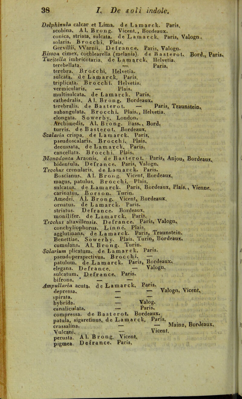 I 38 7, De soli indole, Delphinula calcar el Lima. de Lamarck. Paris. 'scobina. A1. Brong. Vicent., Boideaux. conica, striala, sulcata. de Lamarck. Paris, Valogn. solaris. Broccbi. Plais. Gervillii, Warnii. Delrance. Paris, Valogn. liissoa cime'x, cochlearella (melania). de Basterol. Bord., Paris. Turitella imbricolaria. de tiania.rck, Helvetia. terebpllata. -rr. Paris. terebra. Brocchi. Helvetia. sulcaia. deLamarck. Paris. triplicala. Brocchl. Helvelia. vermicularis. —Plais. multisulcata. de Lamarck. Paris. cathedralis. Al. Brong. Bordeaux» terebralis. de Basterot. — Paris, Ti:au.nsteio^ subangulata. Brocchi. Plais., Helvetia. elongata. Sowerby.. Londqn. ATchimedis, Al. Brong. Bass., Bord. turris. de Basterot. Bordeaux. ^calaria crispa. de Lamarcb. Paris, pseudoscalaris. Brocchi, Plais. decussala« deLamaTck. Paris. cancellata. Brocchi. Plais. j^onodonta Araonis. de Basterot. Paris^ Anjou, Bordeaux, bidentula. Defrance, Paris, Valogn, rrocftur crenularis. deLam.arck. Paris. Boscianus. AI. Brong. Vicent, Bordeaux, roagus, patulus. Bvocchi, Pfais. sulcatus. deLamarck. Paris, Bordeaux, Plais.Vienne,. carinatus, B o r s o n. Turin,. Amedei. Al. Brong, Vicent, Bordeaux. ornatus. de Lamarck. Paris. ■ striatus. Defrance. Bordeaux. monilifer. de Lamarck, Paris, Xrochus aliavillensis, Defrance. Paris, Valogn.. concbyliophorns, Linne. Plais. agglulinans. de Lamarck. Paris, Traunstein, Bcnelliae, Sowerby. Plais. Turin, Bordeaux. cumulans. Al. Brong, Turin. Ayo/flriwm plicatura, de Lamarck. Paris, pseudoperspectivus. Brocchi. —■- palulum, de Lamarck. Paris, Bordeaux. elegans. Defrance, — Valogn, sulcatum. Defrance, Paris» bifrons, ' — — uimpullaria acut^. de Lamarck, Paria. depressa. — — Valogn, Vicent,, spirala. —- ~ bybrida. — Valog, canaliculata, — Paris. compressa. deBasterot. Bordeaux.^ patula, sigaretinus. de Lamarck. Paris, crassalina. — — Mainz, Bordeaux, Vulcani. — Vicent, perusta. Al. Brong. Vicent, pigmea. Defrance. Paris»