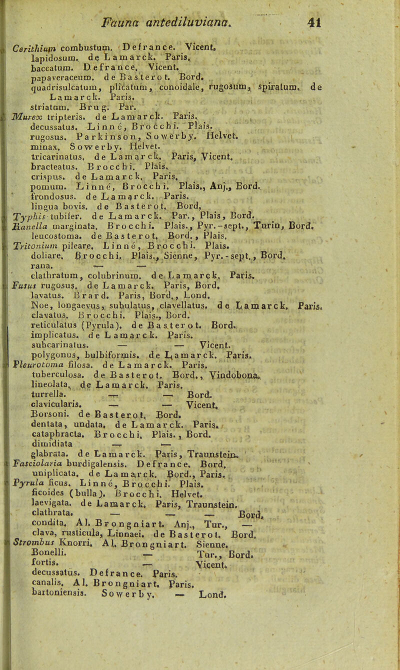 Ceritlnuvi coTohmlxxva. Defrance. Vicent. lapidosum. de L amarck. Paris» baccatum. Defrance. Vicent, papaveracentD. deBasterot. Bord, quadrisulcatum, plicatura, conoidale, rugosum, spiralum. de Lamarck. Paris. slriatQm, Brug. Par. Murex tripteris. de Lamarc)!:. Paris. decussatus. Linne, Brocchi. Plais. rugosus. Parkrnson, Sowerby, Helvet, minax, Sowerby. Helvet. Iricarinatus, deLamarck. Paris, Vicent. bractealus. Brocchi. Plais, crispus. deLamarck, Paris, pomum. Linne, Brocchi. Plais,, Anj,, Bord. ' frondosus. deLamarck. Paris, lingua bovis. de Basterot, Bord, Xypiij tubifer. de Lamarck, Par., Plais, Bord. Ranella marginata. Brocchi, Plais., Pyr.-sept., Turin, Bord. leucostoma, deBasterot. Bord,, Piais, Tritoniuvi pileare, Linne, Brocchi. Plais, doliare, ^.rocchi, PJais^,,Sienne,, ,Pyr,-seut,. Bord, rana. — clathratum, colubrinum. de Lamarck, Paris. Fusus rugosus, de Lamarck. Paris, Bord, lavatus. Brard, Paris, Bord., Lond. Noe, longaevus,. suhuigtus, .clavellatus. de Lamarck. Faris. clavatus. B r o c c h i. Plais., Bord. reticulalus (Pyrula). deBasterot. Bord, impiicatus. deLamarck. Paris. subcarinalus. — — Vicenl. polygonus, bulbiformis, de L^amarck. Paris. Vleurotoma filosa. deLamarck, Paris. tuberculosa. de Basterot. Bord., Viodoboua,. lineolata^ de Lamarck. Paris. turrella. -r-. — Bord. clavicularis, — — Vicent, jBorsoni. de Basterot, Bord, dentata, undata, deLamarck. Paris, cataphracta, Brocchi, Plais., Bord. dimidiata —r >— glabrata. deLamarck. Paris, Traunslein. FaJc£oZ<aria burdigalensis. Defrance. Bord, uniplicata, deLama,rck. Bord., Paris. Vyrula ficus. Linne, Brocchi.' Plais, ficoides (bulla;. Brocchi. Helvet. laevigata. de Lamarck, Paris, Trauaslein. clathrata, — _ _ Bord, condila, AI. Brongniart, Anj., Tur., — clava, rmticula, Linnaei, de Basterol. Bord. Stremlus Ktioxri, Ai. Brongniart. Sienne, Sonelli. _ Tur., Bord. fortis, _ Vicent. decussatus. Detrance. Paris. canalis. AI. Brongniart. Paris. bartoniensis. Sowerby. — Lond.