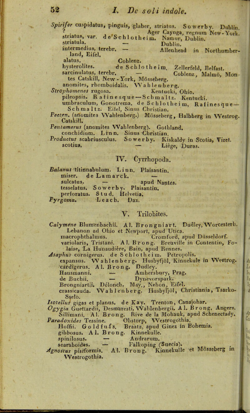 5/7iVi/<?r cuspidatus, pinguis, glaber, slriatns. Sowerby. Dublin, • . . , . Acer Caynga, reiinum New-York 5triatU9, var. d e^S c h 1 o t hei m. Nam.ir/Dublin. atrialula. — Dublin. inlermednis, terebr. — Allenhead in Norlhumber- land, Eilel, alatus. Coblenz. hysteroliles. d e S ch Io tb e i m, Zellerfeld, Belfast. sarcinulalus terebr. , — Coblenz, Malmo, Mon tes Catskill, New-York, Mfisseberg. anomilps, rhomboidalis. Wahlenberg. Strophoinenes rugosa. Kenlucki, Ohio. pileopsis. R a f i n e sq ue —Sch m a 1 tz. Kenlucki. umbraculum, Gonolrema. d e S c h 1 o t h e i m, Rafinesque — Schmaltz. Eilel, Sinns Chrislian. Peeten. (anomites Wablenberg.) Musseberg, Halbberg in Weslrog. Catskiil. Pentamerus (anomites Wahlenberg). Golhland, conchidium. Lfnn. Sinus Christian. Productus scabriusculus. Sowerby. Kiskaldy in Scotia, Vizef. scotim, — Liege, Duras. IV. Cjrrhopoda. £a/a'iuf titinnabulum. Linn. Plaisantin. miser. de Lamarck. ~ sulcatus. — apud Nanies. tesselatus. S o W e r b y. Plaisantin. pcrforalus. Stud. Helvetia, Pyrgoma» Leacb, Dax. V. Trilobites. Calymene B]umenhachu. AI. Brongniatt. Dudley, Worceslerb. Lebanon ad Ohio et Newport, apud Utica. niacrophtbalmus. Cromford, apud Diisseldorf. variolaris, Tristani. A I. Br ong. BreUville in Contentin, Fo- laise, La Hunaudiere, Baio, apud Rennes, Asaphus cornigerus. de Schlotheim. Pelropolis. expansus. Wahlenberg. Husbyfjol, Kinnekul« in W^Btrog. xatdigerus. AI. Brong, Dudley. Hausmanni. ~ Amhersbury, Prag. de Buchii. — Dynevorspark. Brongniartiii Delonch. May., Nehon, Eifel. crassicauda. Wahlenberg. Husbyfjol, Christiania, Tsarko- Sselo. Isotellus gigas et planus, de Kay. Trenlon, Canajohar. Ogygia Gueftardii, Desmaresti, VVahlenbergii. A 1. Brong. Angers. Sillimani. Al. Brong. Rive de la Moh&uk, apud Schenectady, Paradoxides Tessine. Obstorp, Westrogothia. Hoffii. Goldfufs. Braatz, apud Ginez in Bohemia. gibbosus. A1. Brong. Kinnekulle. spinilosus. — Andrarum. scaraboides. — Falkoping cSuecia)» Agnostus pisrformis. A1. Brong. KionckuIIe et Mdsseberg m Westrogothia,