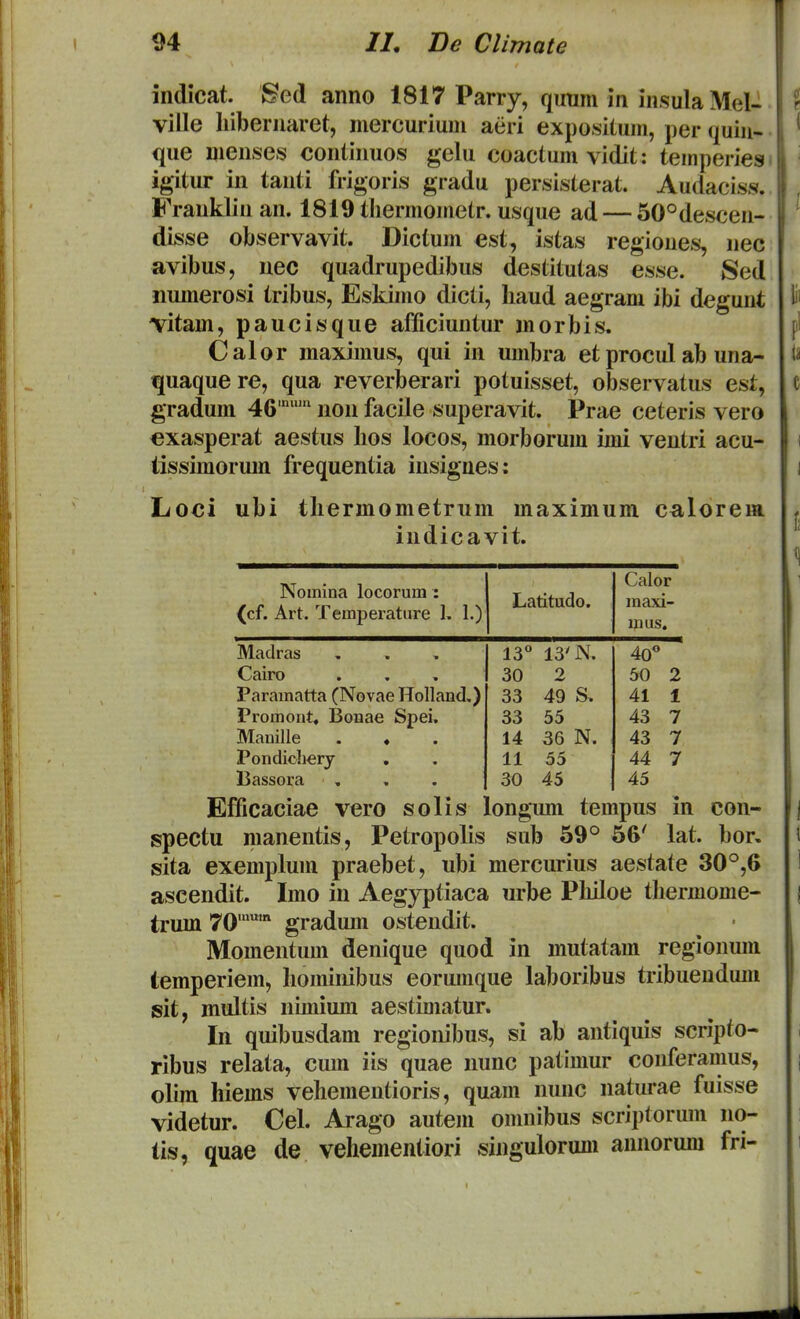 indicat. Sed anno 1817 Parry, qunm in insulaMel- ville liiberuaret, mercuriuui aeri exposilum, per quiu- que menses continuos gelu coactum vidit: temperies igitur in tanti frigoris gradu persisterat. Audaciss. Frauklin an. 1819 tliermometr. usque ad — 50°descen- disse observavit. Dictum est, istas regioues, nec avibus, nec quadrupedibus destitutas esse. Sed numerosi tribus, Eskimo dicti, liaud aegram ibi degunt Titam, paucisque afficiuntur morbis. Cal or maximus, qui in umbra et procul ab una- quaquere, qua reverl^erari potuisset, observatus est, gradum 46 non facile superavit. Prae ceteris vero exasperat aestus hos locos, morborum imi ventri acu- tissimorum frequentia insignes; Loci ubi tbermometrTim maximum calorem indicavit. Nomina locorum : (cf. Art. Temperature 1. 1.) Latitudo. Calor maxi- mus. Madras , . > 13 13' N. 40 Cairo . , , 30 2 50 2 Paramatta (Novae HollaBd,) 33 49 S, 41 1 Promont. Bouae Spei, 33 55 43 7 Manille . « 14 36 N. 43 7 Pondicli€ry 11 55 44 7 Bassora , 30 45 45 Efficaciae vero solis longmn tempus in con- spectu manentis, Petropolis sub 59° 56' lat. bor, sita exemplum praebet, ubi mercurius aestate 30°,6 ascendit. Imo in Aegyptiaca urbe Pliiloe thermome- trum 70 gradum ostendit. Momentum denique quod in mutatam regionmu temperiem, hominibus eorumque laboribus tribueudum sit, multis nimium aestimatur. In quibusdam regionibus, si ab antiquis scripto- ribus relata, cum iis quae nunc patimur conferamus, olim hiems vehementioris, quam nunc naturae fuisse videtur. Cel. Arago autem omnibus scriptorum no- tis, quae de vehementiori singulorum annorum fri-