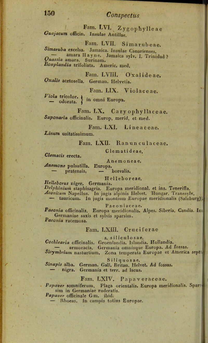 Fam. LVI. Zygophylleae Guajacum officin. Insulae AnliHae. Fam. LVII. Simarubeae. Simaruha excelsa. Jamaica. Insulae Canarienses. — amara Ilayne. Jamaica sylv. I. Trinldad ? Vuassia amara. Surinam. Bonplandia trifoliata, Americ. med. Fam. LVm. Oxalideae. Oxalis acetosella. German. Helvetia. Fam. LIX. Violaceae. Viola Iricolor. ) . . „ — odorata. } ^»^' Europa. Fam, LX. Cary ophyllaceae. Saponaria officinalis. Europ. merid. et med. Fam. LXI. Lineaceae. Linum usitatissimum. Fam. LXn. Ranunculaceae. Clematideae. Clematis erecta. Anemoneae. jinemone pulsalilla. Europa. — pratcnsis, — borealis. Helleboreae. Helleborus niger. Germania. Delphinium staphisagria. Europa meridional. et ins. Teneri£fa. Aconitum Napellus. In jugis alpinis Helvet, Hungar. Transsylv. — tauricum. In jugis montium Europae meridionalis (Salzburg)), Paeoniaceae. Paeonia officinalis. Europa meridionalis. Alpes. Siberia, Candia. In Germaniae saxis et sylvis sparsim. Paeonia racemosa. Fam. LXni. Cruciferae s. s i I i c u 1 o s a e. Cochlearia officinalis. Groenlandia. Islandia. HoIIandia, — armoracia. Germania omnisquc Europa. Ad fossas. Sisymhrium naslurtium. Zona temperata Europac et America septt S i H q u o s a e. Sinapis alba. German. Gall. Brilan. Helvet. Ad fossas. — nigra. Germania et terr. ad lacus. Fam. LXIV. Papa v eraceae. Papaver somniferum. Plaga orientalis. Europa meridionalis. Sparr sim in Germaniae ruderatis. Papa ver officinale Gm, ibid. — Uhoeas. in carapis totius Europae.