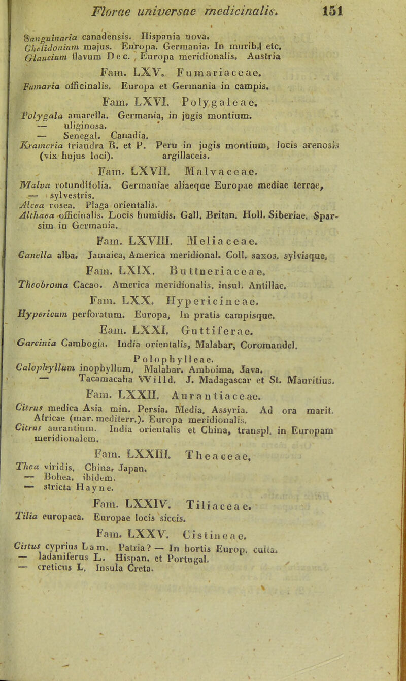 %anouinaria canadcnsis. Ilispania nova. Chtdidonium majus. Europa. Germania. In mnrib.l etc, Glaucium llavum D e c. , Europa raeridionalis. Austria Fnm. LXV, Fumariaceae. Fuinaria officinalis. Europa et Germania in campis. Fam, LXVI. Polygaleae, Polygala amarella. Germania, in jugis monlium. — uliginosa. — Senegal, Canadia. Krameria triandra R. et P. Peru in jugis monlium, locis arenosi'5 (vix hujus loci). argilJaceis. Fam. LXVn. Malvaceae. Malva rotundifolia. Germaniae aliaeque Europae mediae terrae, ^— sylvestris. Alcea rosea. Plaga orientalis. Althaea officinalis. Locis humidis. Gall. Britan. Holl. Siberiae. Spar- sim in Germania. Fam. LXVm. Meliaceae. Canella alba, Jamaica, America meridional. Coll. saxos^ sylvisquo^ Fam. LXIX. Biittneriaceae. Theohroma Cacao. America meridionalis, insul. Anlillac, Fam. LXX. Hypericineae. Hypericum perforatum. Europa, In pralis campisque. Eam. LXXI. Guttiferac. Garcinia Cambogia. India orienlalis, Malabar, Coromandcl, Polophylleae. CalopJijllum inophyllum. Malabar. Amboima, Java, — Tacamacaha Willd. J. Madagascar et St. Mauritius. Fam. LXXII. Aur a u tiaceae. Citrus medica Asia min. Persia. Media. Assyria. Ad ora marit, Africae (mar. mcditerr.). Europa meridionalis, Citrus aurantiuui. India orienlalis et China, transpl. in Europam meridionalem. Fam. LXXUI. Tlieaceae, Thea viridis. China, Japan. Bohea. ibidem. — stricta Hayne. Fam. LXXIV. Tiliaceae. Tilia europaca. Europae locis siccis. Fam. LXXV. Cislinoae. Cistus cyprius Lam. Palria? — In horlis Europ. culta. — ladaniferus L. Hispan. et Portugal. — creticus L, Insula (Jreta.