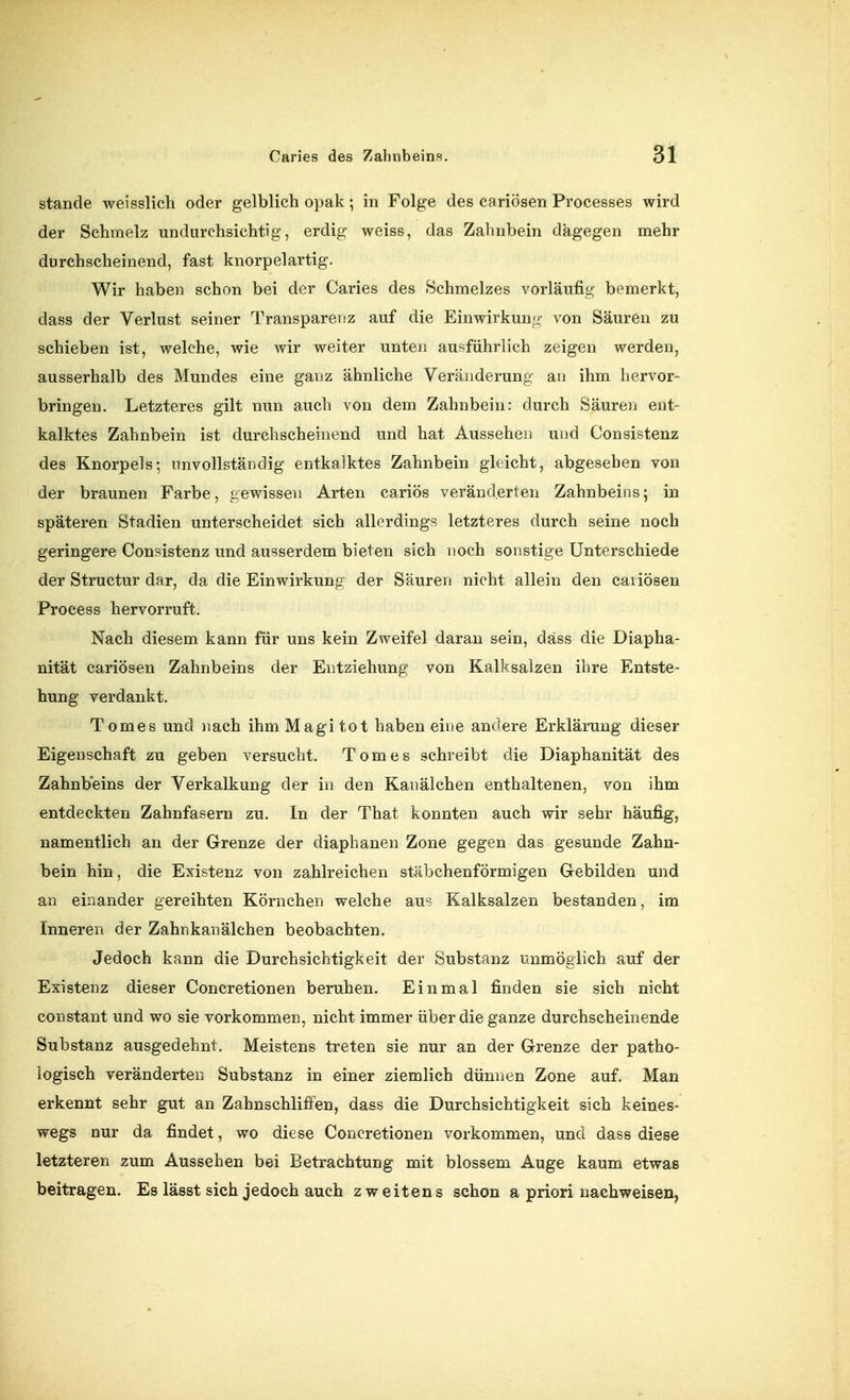 stände weisslich oder gelblich opak; in Folge des cariösen Processes wird der Schmelz undurchsichtig, erdig weiss, das Zahnbein dagegen mehr durchscheinend, fast knorpelartig. Wir haben schon bei der Caries des Schmelzes vorläufig bemerkt, dass der Verlust seiner Transpareriz auf die Einwirkung von Säuren zu schieben ist, welche, wie wir weiter unten ausführlich zeigen werden, ausserhalb des Mundes eine ganz ähnliche Veränderung- an ihm hervor- bringen. Letzteres gilt nun auch von dem Zahnbein: durch Säuren ent- kalktes Zahnbein ist durchscheinend und hat Aussehen und Consistenz des Knorpels; unvollständig entkalktes Zahnbein gleicht, abgesehen von der braunen Farbe, gewissen Arten cariös veränderten Zahnbeins; in späteren Stadien unterscheidet sich allerdings letzteres durch seine noch geringere Consistenz und ausserdem bieten sich noch sonstige Unterschiede der Structur dar, da die Einwirkung der Säuren nicht allein den cailösen Process hervorruft. Nach diesem kann für uns kein Zweifel daran sein, däss die Diapha- nität cariösen Zahnbeins der Entziehung von Kalksalzen ihre Entste- hung verdankt. Tomes und nach ihm Magi tot haben eine andere Erklärung dieser Eigenschaft zu geben versucht. Tomes schreibt die Diaphanität des Zahnbeins der Verkalkung der in den Kanäichen enthaltenen, von ihm entdeckten Zahnfasern zu. In der That konnten auch wir sehr häufig, namentlich an der Grenze der diaphanen Zone gegen das gesunde Zahn- bein hin, die Existenz von zahlreichen stäbchenförmigen Gebilden und an einander gereihten Körnchen welche aus Kalksalzen bestanden, im Inneren der Zahnkanälchen beobachten. Jedoch kann die Durchsichtigkeit der Substanz unmöglich auf der Existenz dieser Concretionen beruhen. Einmal finden sie sich nicht constant und wo sie vorkommen, nicht immer über die ganze durchscheinende Substanz ausgedehnt. Meistens treten sie nur an der Grenze der patho- logisch veränderten Substanz in einer ziemlich dünnen Zone auf. Man erkennt sehr gut an Zahnschliffen, dass die Durchsichtigkeit sich keines- wegs nur da findet, wo diese Concretionen vorkommen, und dass diese letzteren zum Aussehen bei Betrachtung mit blossem Auge kaum etwas beitragen. Es lässt sich jedoch auch zweitens schon a priori nachweisen,