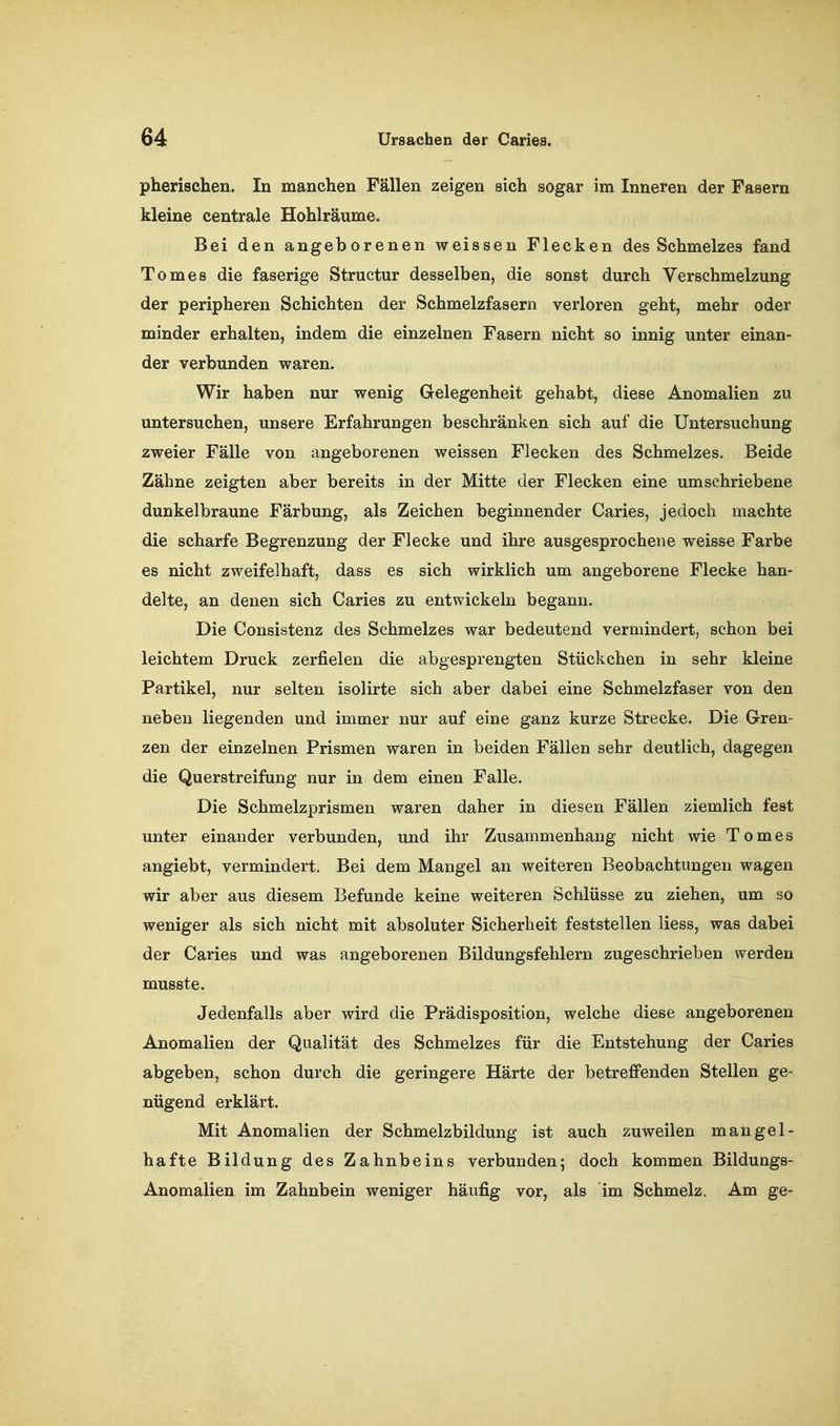 pherischen. In manchen Fällen zeigen sich sogar im Inneren der Fasern kleine centrale Hohlräume. Bei den angeborenen weissen Flecken des Schmelzes fand Tomes die faserige Structur desselben, die sonst durch Verschmelzung der peripheren Schichten der Schmelzfasern verloren geht, mehr oder minder erhalten, indem die einzelnen Fasern nicht so innig unter einan- der verbunden waren. Wir haben nur wenig Gelegenheit gehabt, diese Anomalien zu untersuchen, unsere Erfahrungen beschränken sich auf die Untersuchung zweier Fälle von angeborenen weissen Flecken des Schmelzes. Beide Zähne zeigten aber bereits in der Mitte der Flecken eine umschriebene dunkelbraune Färbung, als Zeichen beginnender Caries, jedoch machte die scharfe Begrenzung der Flecke und ihre ausgesprochene weisse Farbe es nicht zweifelhaft, dass es sich wirklich um angeborene Flecke han- delte, an denen sich Caries zu entwickeln begann. Die Consistenz des Schmelzes war bedeutend vermindert, schon bei leichtem Druck zerfielen die abgesprengten Stückchen in sehr kleine Partikel, nur selten isolirte sich aber dabei eine Schmelzfaser von den neben liegenden und immer nur auf eine ganz kurze Strecke. Die Gren- zen der einzelnen Prismen waren in beiden Fällen sehr deutlich, dagegen die Querstreifung nur in dem einen Falle. Die Schmelzprismen waren daher in diesen Fällen ziemlich fest unter einander verbunden, und ihr Zusammenhang nicht wie Tomes angiebt, vermindert. Bei dem Mangel an weiteren Beobachtungen wagen wir aber aus diesem Befunde keine weiteren Schlüsse zu ziehen, um so weniger als sich nicht mit absoluter Sicherheit feststellen Hess, was dabei der Caries und was angeborenen Bildungsfehlern zugeschrieben werden musste. Jedenfalls aber wird die Prädisposition, welche diese angeborenen Anomalien der Qualität des Schmelzes für die Entstehung der Caries abgeben, schon durch die geringere Härte der betreflPenden Stellen ge- nügend erklärt. Mit Anomalien der Schmelzbildung ist auch zuweilen mangel- hafte Bildung des Zahnbeins verbunden; doch kommen Bildungs- Anomalien im Zahnbein weniger häufig vor, als im Schmelz. Am ge-
