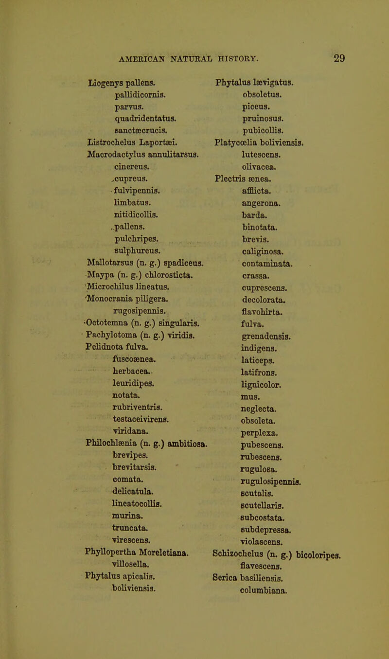 Phytalus Issvlgatus. Ti n n 1/11 p fiTTi 1 fl ftbsnlptiis paxvus. piceus. quadridentfttus. pruinosus. sanctsecrucis. pubicoUis. liistrocliGliis IjaTiortfEi. Plfttvcfplia bnliv5pTis5fl, Itlacrodactylus annulitarsus. lutGscens. cinereus. olivacea. ^CTipreus. Plectris 8cnea. • fulyipcDzds. afflictft limbatus. nitidicollis. l)&rd£i. ..pallens. binotata. pulchiipes. brcvis. BulpliTireus. Mallotarsus (n. g.) spadiceus. contiLTninjifA, •Maypa (n. g.) chlorosticta. MicrochiluB lineatus. cuprescens, 'Monocrania pillgera. HpPoI ATftf n rugosipennis. flavohirta. •Octotemna (n. g.) singularis. Pachylotoma (n. g.) viridis. PTenadonsifl Pelidnota fulva. m n 1 fTATl D fuscosenea. latirpn*i herbacea.. latifrrtn*! leuridipes. notata. inus* rubriventris. testaceivirens. Tiridana. perpleza* Philoclileema (n. g.) ambitiosa. brevipes. tubescens. brevitarsis. comata. delicatula. tn1i o lineatocollis. OUULCiliU J,E3* mvirina. Rtili 0 ft sfjifn. tnincata. subdepressa. virescens. •violascens. Phyllopertha Moreletiana. Schizochelus (n. g.) bi villosella. flavescens. Phytalus apicalis. Serica basiliensis. boliviensis. Columbiana.