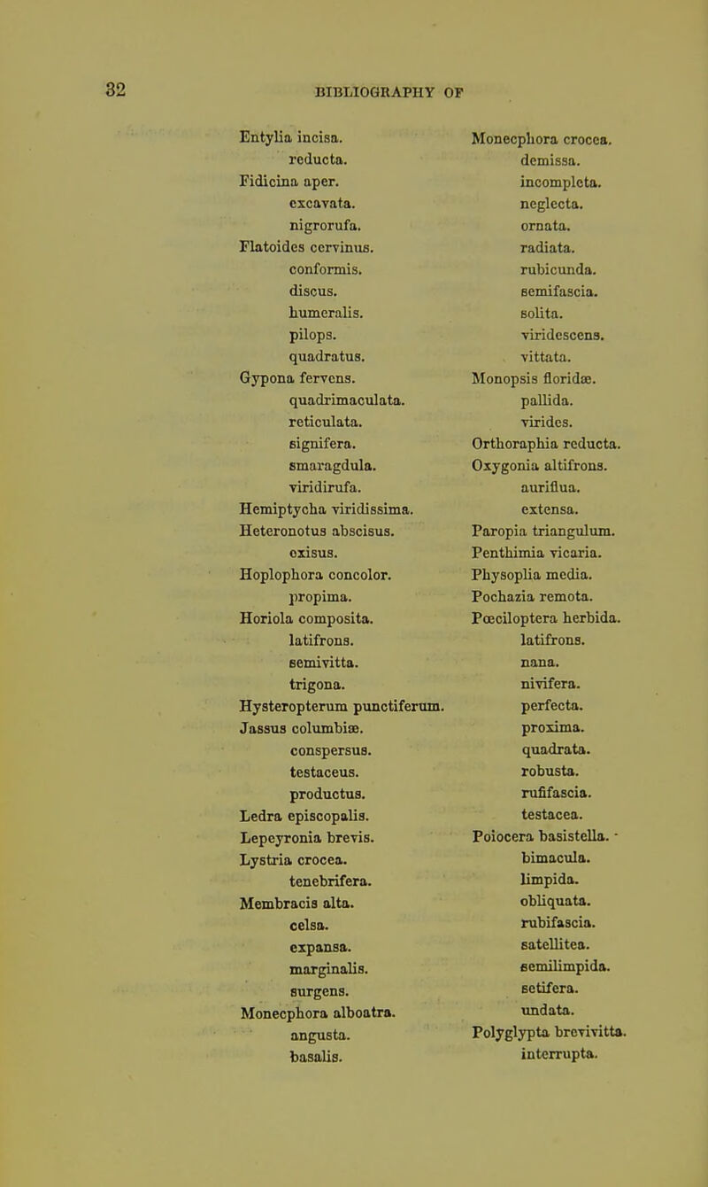 Entylia incisa. rcducta. Fidicina aper. cxcavata. nigrorufa. Flatoides ccrvinus. conformis. discus. humeralis. pilops. quadratus. Gypona ferrens. quadrimaculata. reticulata. signifera. smaragdula. viridirufa. Hemiptycha viridissima. Heteronotus abscisua. cxisus. Hoplophora concolor. propima. Horiola composita. latifrons. semivitta. trigona. Hysteropterum punctiferum. Jassus columbise. conspersus. testaceus. productus. Ledra episoopalis. Lepeyronia brevis. Lystria crocea. tenebrifera. Membracis alta. celsa. expansa. marginalis. surgens. Monecphora alboatra. angusta. basalis. Monecphora crocea. demissa. incomplcta. neglecta. ornata. radiata. rubicunda. Bemifascia. solita. viridcscens. vittata. Monopsis floridoB. pallida. virides. Orthoraphia rcducta. Oxygonia altifrons. auriflua. extensa. Paropia triangulum. Penthimia yicaria. Physoplia media. Pochazia remota. Poeciloptera herbida. latifrons. nana. nivifera. perfecta. proxima. quadrata. robusta. rufifascia. testacea. Poiocera basistella. • bimacula. limpida. obliquata. rubifascia. Eatellitea. eemilimpida. setifera. undata. Polyglypta brcrivitta. interrupta.