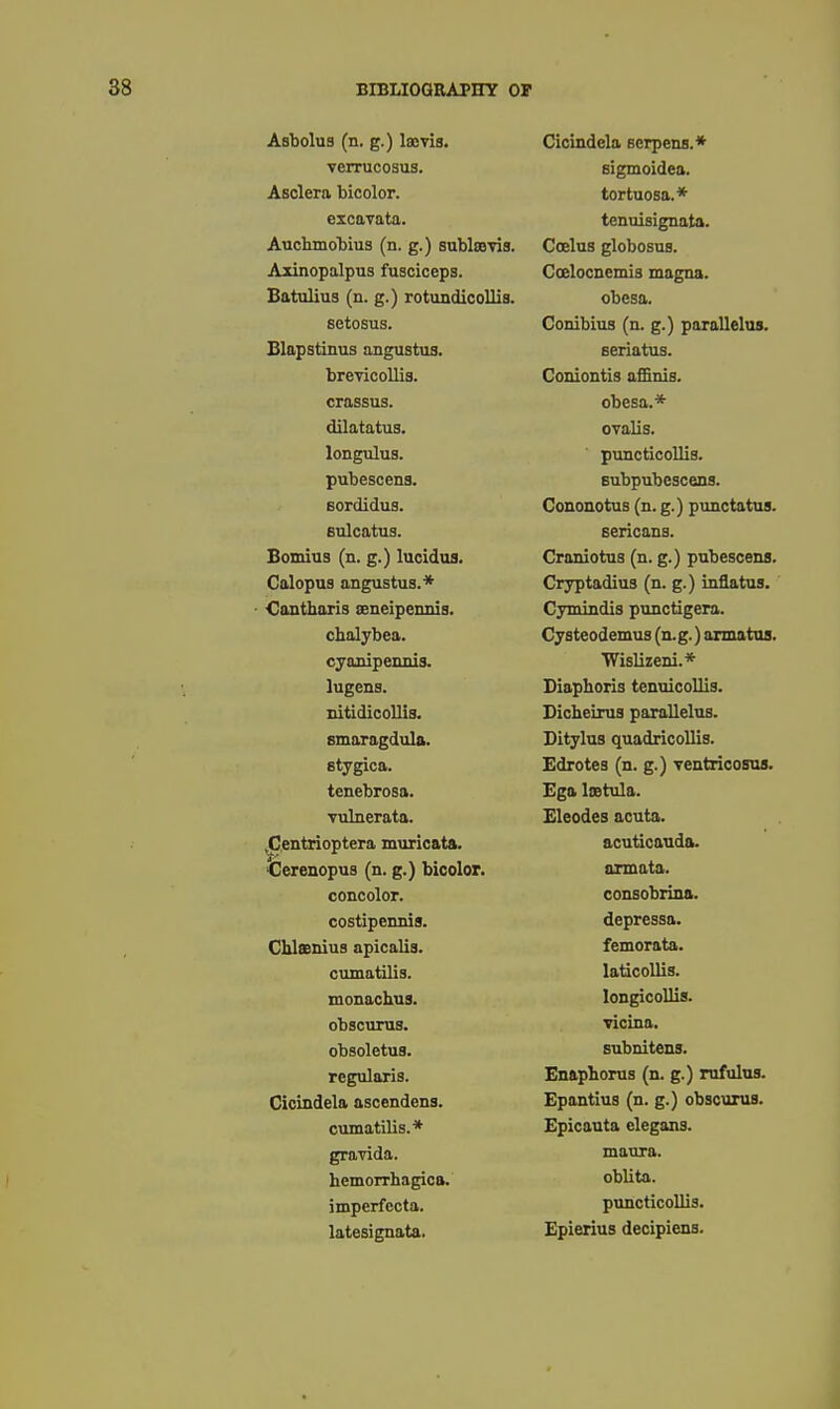 Asbolus (n. g.) Isevia. verrucosus. Asclera bicolor. excavata. Auctmobius (n. g.) sublfflvis. Axinopalpus fusciceps. Batulius (n. g.) rotundicollis. setosus. Blapstinus ongustus. brevicollis. crassus. dilatatus. longulus. pubesoens. Bordidus. Bulcatus. Bomius (n. g.) luoidus. Calopus angustus.* ■ Cantharis seneipennis. chalybea. cyanipeimis. lugcns. nitidicollis. smaragdula. etygica. tenebrosa. vulnerata. ^.entrioptera muricata. 'Cerenopus (n. g.) bicolor. concolor. costipeimis. Cblffinius apicalis. cumatilia. monachus. obscurus. obsoletus. regularis. Cicindela ascendens. cumatilis.* gravida. hemorrhagica. imperfecta. latesignata. Cicindela serpens.* eigmoidea. tortuosa.* tenuisignata. Coelus globosus. Coelocnemis magna. obesa. Conibiua (n. g.) parallelus. Beriatus. Coniontis affinis. obesa.* ovalis. puncticollis. Eubpubescens. Cononotus (n. g.) punctatus. sericans. Craniotus (n. g.) pubescenfl. Cryptadius (n. g.) inflatus, Cymindis punctigera. Cysteodemus (n. g.) armatns. ■Wislizeni.* Diaphoris tenuicollis. Dioheirus parallelus. Ditylus quadricollis. Edrotes (n. g.) ventricosua. Ega Isetula. Eleodes acuta. acuticanda. axmata. consobrina. depressa. femorata. laticollis. longicollis. vicina. subnitens. Enaphorus (n. g.) rufulns. Epantius (n. g.) obscurus. Epicauta elegans. maura. oblita. puncticollis. Epierius decipiens.