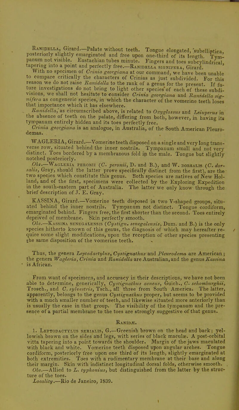 Ranidella, Girard—Palate without teeth. Tongue elongated, 'subelliptica, posteriorly slightly emarginated and free upon one-third of its length Tym- panum not visible. Eustachian tubes minute. Fingers and toes subcylindrical tapering into a point and perfectly free.—Ranidella siGNirEHA, Girard. ' With no specimen of Crinia georgiana at our command, we have been unable to compare critically the characters of Crinias as just subdivided. For this reason we do not raise llanidella to the rank of a genus for the present. If fu- ture investigations do not bring to light other species'of each of these subdi- visions, we shall not hesitate to consider Crinia georgiana and Ranidella sig- nifera as congeneric species, in which the character of the vomerine teeth loses that importance which it has elsewhere. Ranidella;as circumscribed above, is related to Oxyglosstc.i and Leiuperus in the absence of teeth on the palate, differing from both, however, in having its tympanum entirely hidden and its toes perfectly free. Criyiia georgiana is an analogue, in Australia, of the South American Pleuro- demas. WAGLERIA, Girard.—Vomerine teeth disposed on a single and very long trans- verse row, situated behind the inner nostrils. Tympanum small and not very distinct. Toes bordered by a membranous fold ip the male. Tongue but slightly notched posteriorly. Obs.—Wagleria peronii (C. peronii, D. and B.), and W. dorsalis (C. dor- salis, Gray, should the latter prove specifically distinct from the first], are the- two species which constitute this genus. Both species are natives of New Hol- land, and of the first, specimens were collected by the Exploring Expedition in the south-eastern part of Australia. The latter we only know through the brief description of J. E. Gray. KASSINA, Girard.—Vomerine teeth disposed in two V-shaped groups, situ- ated behind the inner nostrils. Tympanum not distinct. Tongue cordiform, emarginated behind. Fingers free, the first shorter than the second. Toes entirely deprived of membrane. Skin perfectly smooth. Obs.—Kassina senegalensis {Cystign. senegalejisis, Dum. and B.) is the only species hitherto known of this genus, the diagnosis of which may hereafter re- quire some slight modifications, upon the reception of other species presenting the same disposition of the vomerine teeth. Thus, the genera Leptodactylus, Cystignathus and Pleurodema are American ; the genera Wagleria, Crinia and llanidella are Australian, and the genus Kassina is African. From want of specimens, and accuracy in their descriptions, we have not been able to determine, generically, Cystignathus aeneus, Guieh., C schombnrghii, Trosch., and C. sylvestris, Tsch., all three from South America. The latter, apparently, belongs to the genus Cystignathus proper, but seems to be provided with a much smaller number of teeth, and likewise situated more anteriorly than is usually the case in that group. The visibility of the tympanum and the pre- sence of a partial membrane to the toes are strongly suggestive of that genus. Ranidje. 1. Leptodactylus serialis, G.—Greenish brown on the head and back; yel- lowish brown on the sides and legs, with series of black maculae. A post-orbital vitta tapering into a point towards the shoulder. Margin of the jaws maculated with black and white. Vomerine teeth disposed upon angular arches. Tongue cordiform, posteriorly free upon one third of its length, slightly emarginated at both extremities. Toes with a rudimentary membrane at their base and along their margin. Skin with indistinct longitudinal dorsal folds, otherwise smooth. Obs.—Allied to L. typhonius, but distinguished from the latter by the struc- ture of the toes. Locality.—Rio de Janeiro, 1839.