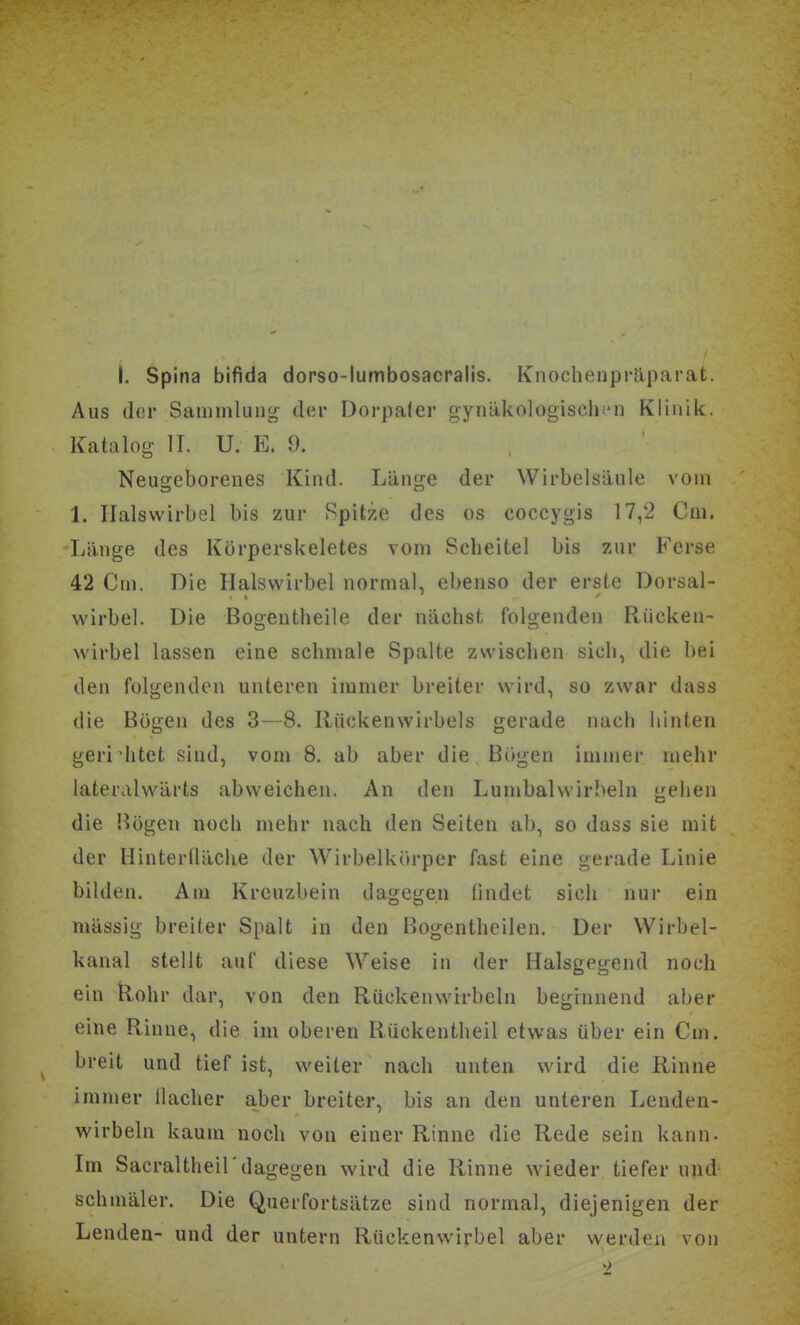 I. Spina bifida dorso-lumbosacralis. Knochenpräparat. Aus der Sanunlung der Dorpaler gynäkologischi'n Klinik. Katalog II. U. E. 9. Neugeborenes Kind. Länge der Wirbelsäule vom 1. Halswirbel bis zur Spitze des os coceygis 17,2 Cm. Länge des Körperskeletes vom Scheitel bis zur Ferse 42 Cm. Die Halswirbel normal, ebenso der erste Dorsal- Wirbel. Die Bogentheile der nächst folgenden Rücken- wirbel lassen eine schmale Spalte zwischen sich, die bei den folgenden unteren immer breiter wird, so zwar dass die Bögen des 3—8. Rückenwirbels gerade nach hinten geri etet sind, vom 8. ab aber die Bügen immer mehr lateralwärts abweichen. An den Lumbalvvirbeln gehen die Bögen noch mehr nach den Seiten ab, so dass sie mit der Hinteriläche der Wirbelkörper fast eine gerade Linie bilden. Am Kreuzbein dagegen findet sich nur ein massig breiter Spalt in den Bogentheilen. Der Wirbel- kanal stellt auf diese Weise in der Halsgegend noch ein kohr dar, von den Rückenwrrbeln beginnend aber eine Rinne, die im oberen Rückentheil etwas über ein Cm. breit und tief ist, weiter nach unten wird die Rinne immer llacher a,ber breiter, bis an den unteren Lenden- wirbeln kaum noch von einer Rinne die Rede sein kann- Im Sacraltheirdagegen wird die Rinne wieder tiefer und schmäler. Die Querfortsätze sind normal, diejenigen der Lenden- und der untern Rückenwirbel aber werden von