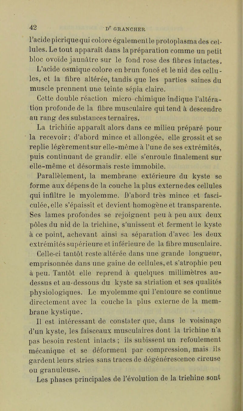 racidepicriqueqLii colore égaleirieiiLle protoplasma des cel- lules. Le tout apparaît dans la préparation comme un petit bloc ovoïde jaunâtre sur le fond rose des fibres intactes. L'acide osmique colore en brun foncé et le nid des cellu- les, et la fibre altérée, tandis que les parties saines du muscle prennent une teinte sépia claire. Cette double réaction micro-chimique indique l'altéra- tion profonde de la fibre musculaire qui tend à descendre au rang des substances ternaires. La trichine apparaît alors dans ce milieu préparé pour la recevoir; d'abord mince et allongée, elle grossit et se replie légèrementsur elle-même à l'une de ses extrémités, puis continuant de grandir, elle s'enroule finalement sur elle-même et désormais reste immobile. Parallèlement, la membrane extérieure du kyste se forme aux dépens de la couche la plus externe des cellules qui infiltre le myolemme. D'abord très mince et fasci- culée,elle s'épaissit et devient homogène et transparente. Ses lames profondes se rejoignent peu à peu aux deux pôles du nid de la trichine, s'unissent et ferment le kyste à ce point, achevant ainsi sa séparation d'avec les deux extrémités supérieure et inférieure de la fibre musculaire. Celle-ci tantôt reste altérée dans une grande longueur, emprisonnée dans une gaine de cellules, et s'atrophie peu à peu. Tantôt elle reprend à quelques millimètres au- dessus et au-dessous du kyste sa striation et ses qualités physiologiques. Le myolemme qui l'entoure se continue directement avec la couche la phis externe de la mem- brane kystique. 11 est intéressant de constater que, dans le voisinage d'un kyste, les faisceaux musculaires dont la trichine n'a pas besoin restent intacts ; ils subissent un refoulement mécanique et se déforment par compression, mais ils gardent leurs stries sans traces de dégénérescence cireuse ou granuleuse. Les phases principales de l'évolution de la triehine sont