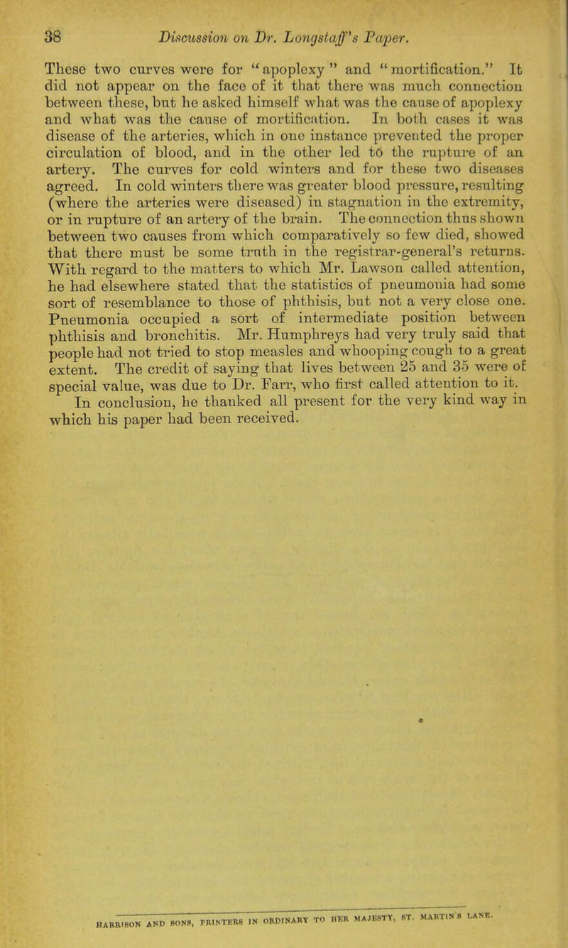 These two curves were for  apoplexy  and  raortification. It did not appear on the face of it that there was much connection between these, but he asked himself what was the cause of apoplexy and what was the cause of mortification. In both cases it was disease of the arteries, which in one instance prevented the proper circulation of blood, and in the other led t6 the rupture of an artery. The curves for cold winters and for these two diseases agreed. In cold winters there was greater blood pressure, resulting (where the arteries were diseased) in stagnation in the extremity, or in rupture of an artery of the brain. The connection thus shown between two causes from which comparatively so few died, showed that there m.ust be some truth in the registrar-general's returns. With regard to the matters to which Mr. Lawson called attention, he had elsewhere stated that the statistics of pneumonia had some sort of resemblance to those of phthisis, but not a very close one. Pneumonia occupied a sort of intermediate position between phthisis and bronchitis. Mr. Humphreys had very truly said that people had not tried to stop measles and whooping cough to a great extent. The credit of saying that lives between 25 and 35 were of special value, was due to Dr. Fari-, who first called attention to it. In conclusion, he thanked all present for the very kind way in which his paper had been received. HARK.SON AND BON*, PR.NTEK8 IN OBD.NAkTtO BER M.l^TxT^. MABT.NS LAN,..