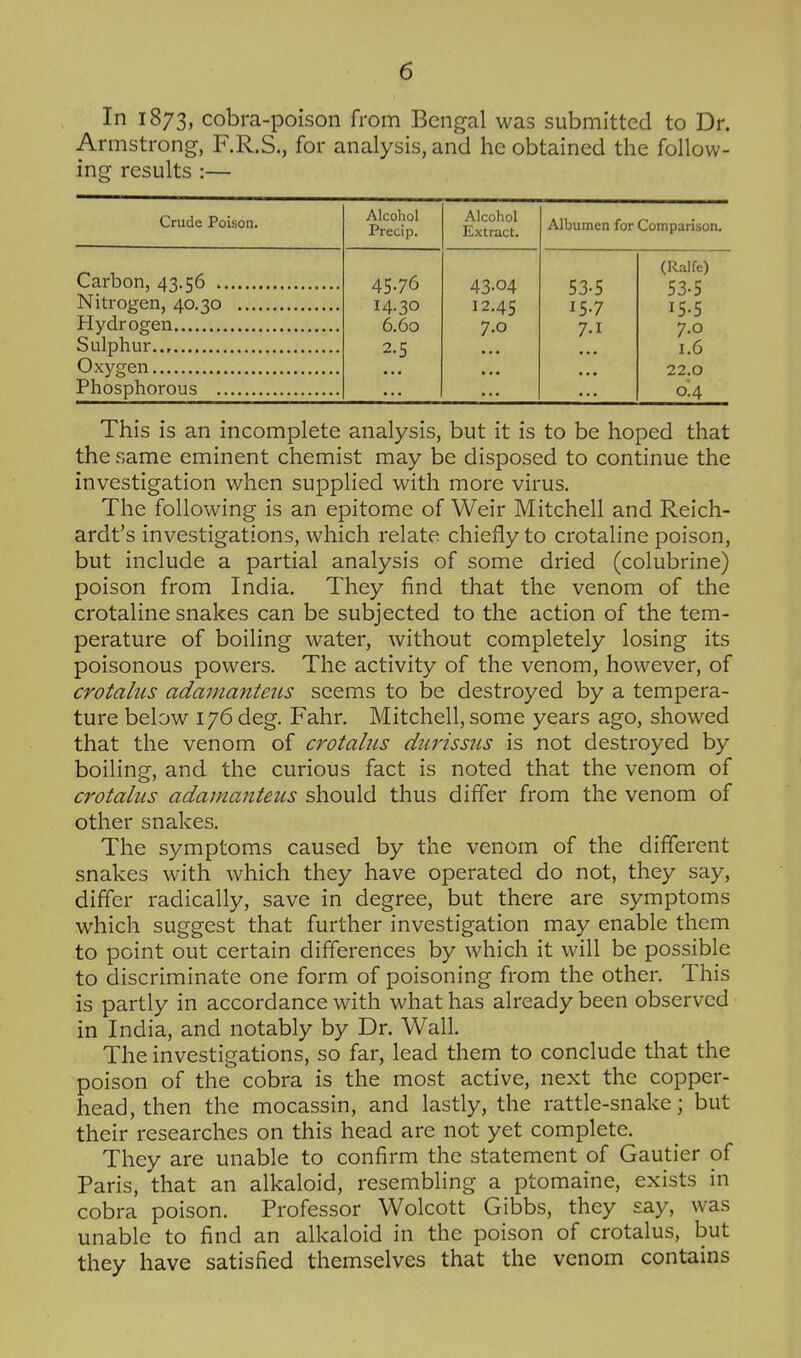 In 1873, cobra-poison from Bengal was submitted to Dr. Armstrong, F.R.S., for analysis, and he obtained the follow- ing results :— Crude Poison. Alcohol Precip. Alcohol Extract. Albumen for Comparison. 45.76 43-04 53-5 (Ralfe) 53-5 Nitrogen, 40.30 14.30 12.45 15-7 15.5 Hydrogen 6.60 7.0 7-1 7.0 2.5 1.6 22.0 Phosphorous 04 This is an incomplete analysis, but it is to be hoped that the same eminent chemist may be disposed to continue the investigation when supplied with more virus. The following is an epitome of Weir Mitchell and Reich- ardt's investigations, which relate chiefly to crotaline poison, but include a partial analysis of some dried (colubrine) poison from India. They find that the venom of the crotaline snakes can be subjected to the action of the tem- perature of boiling water, without completely losing its poisonous powers. The activity of the venom, however, of crotalus adamantetis seems to be destroyed by a tempera- ture below 176 deg. Fahr. Mitchell, some years ago, showed that the venom of crotahis dut'isstts is not destroyed by boiling, and the curious fact is noted that the venom of crotalus adamanteus should thus differ from the venom of other snakes. The symptoms caused by the venom of the different snakes with which they have operated do not, they say, differ radically, save in degree, but there are symptoms which suggest that further investigation may enable them to point out certain differences by which it will be possible to discriminate one form of poisoning from the other. This is partly in accordance with what has already been observed in India, and notably by Dr. Wall. The investigations, so far, lead them to conclude that the poison of the cobra is the most active, next the copper- head, then the mocassin, and lastly, the rattle-snake; but their researches on this head are not yet complete. They are unable to confirm the statement of Gautier of Paris, that an alkaloid, resembling a ptomaine, exists in cobra poison. Professor Wolcott Gibbs, they say, was unable to find an alkaloid in the poison of crotalus, but they have satisfied themselves that the venom contains