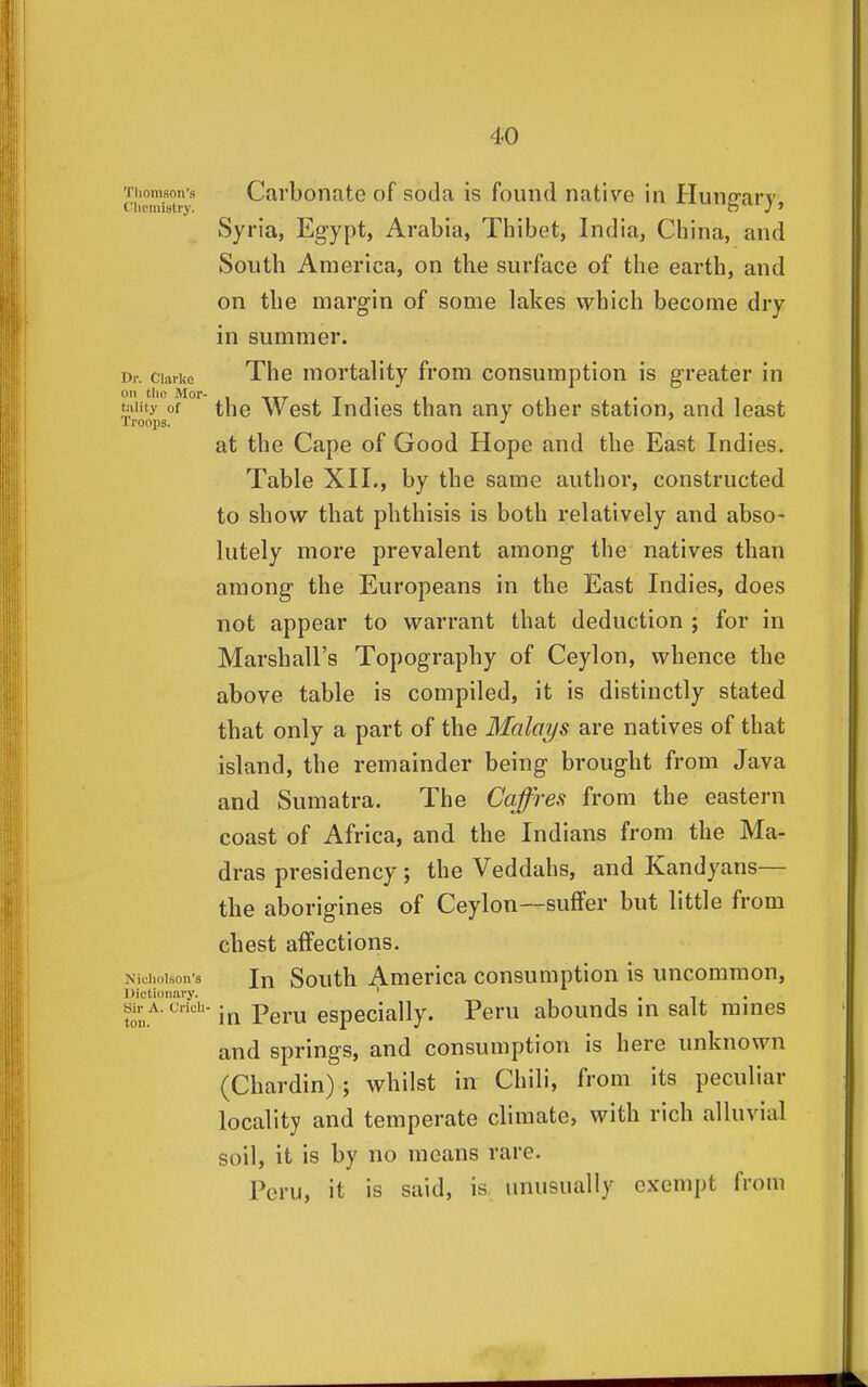 Thomsnns Cai'bonate of soda is found native in Hune-arv t'lipinistry. b y ' Syria, Egypt, Arabia, Thibet, India, China, and South America, on the surface of the earth, and on the margin of some lakes which become dry in summer. Dr. Clarke The mortality from consumption is greater in on tlie Mor- , t t i i • 11 taiity of the West Indies than any other station, and least Troops. at the Cape of Good Hope and the East Indies. Table XII., by the same author, constructed to show that phthisis is both relatively and abso- lutely more prevalent among the natives than among the Europeans in the East Indies, does not appear to warrant that deduction ; for in Marshall's Topography of Ceylon, whence the above table is compiled, it is distinctly stated that only a part of the Malays are natives of that island, the remainder being brought from Java and Sumatra. The Caffres from the eastern coast of Africa, and the Indians from the Ma- dras presidency; the Veddahs, and Kandyans— the aborigines of Ceylon—suffer but little from chest affections. Niciu.isons In South America consumption is uncommon, in Peru especially. Peru abounds in salt mines and springs, and consumption is here unknown (Chardin) ; whilst in Chili, from its peculiar locality and temperate climate, with rich alluvial soil, it is by no means rare. Peru, it is said, is unusually exempt from Dictionary Sir A. Cricli- toii.