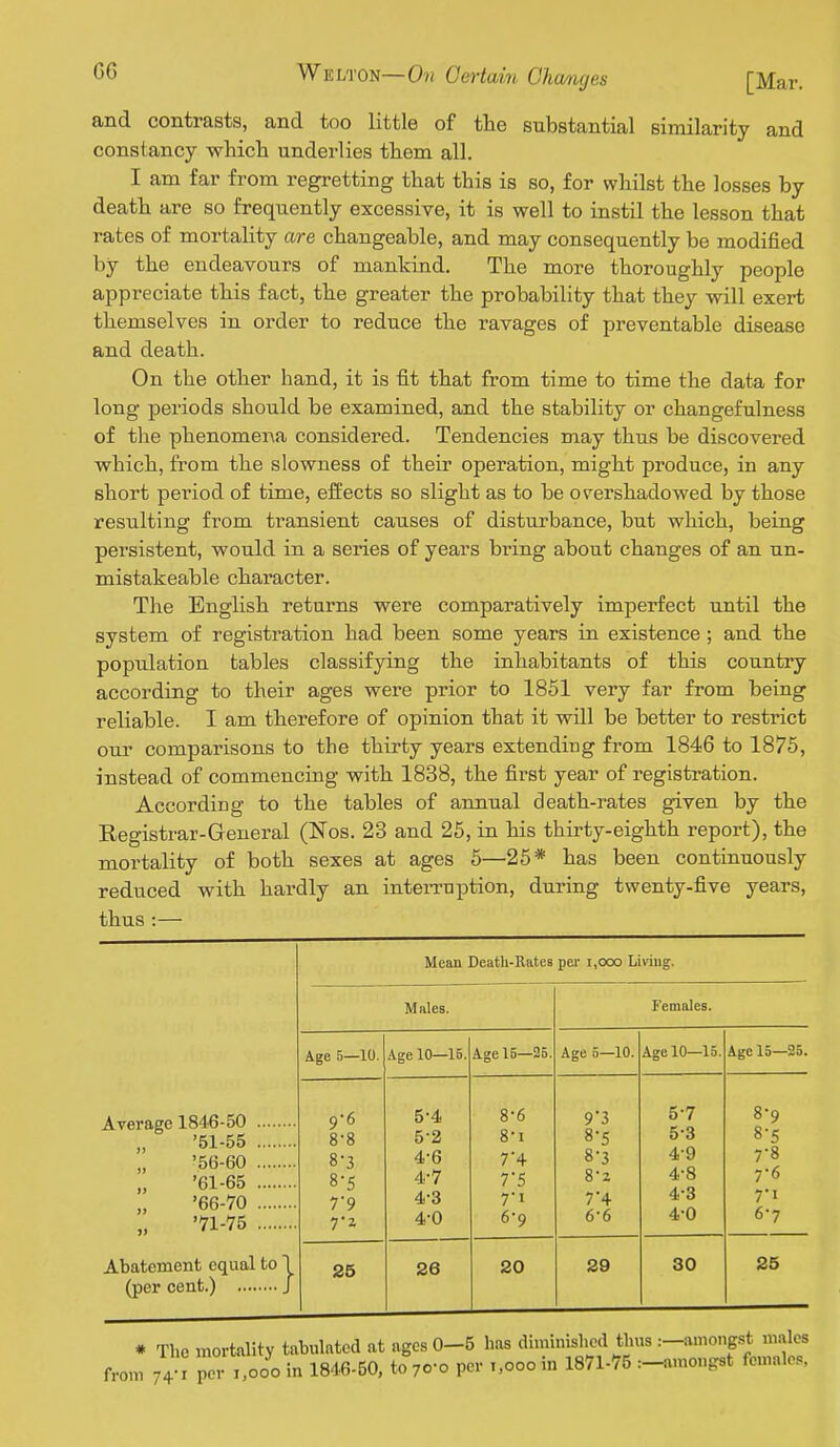 and contrasts, and too little of tlie substantial similarity and consiancy which underlies them all. I am far from regretting that this is so, for whilst the losses by death are so frequently excessive, it is well to instil the lesson that rates of mortality are changeable, and may consequently be modified by the endeavours of mankind. The more thoroughly people appreciate this fact, the greater the probability that they will exert themselves in order to reduce the ravages of preventable disease and death. On the other hand, it is fit that from time to time the data for long periods should be examined, and the stability or changefulness of the phenomena considered. Tendencies may thus be discovered which, from the slowness of their operation, might produce, in any short period of time, effects so slight as to be os'ershadowed by those resulting from transient causes of disturbance, but which, being persistent, would in a series of years bring about changes of an un- mistakeable character. The English returns were comparatively imperfect until the system of registration had been some years in existence ; and the population tables classifying the inhabitants of this country according to their ages were prior to 1851 very far from being reliable. I am therefore of opinion that it will be better to restrict our comparisons to the thirty years extending from 1846 to 1875, instead of commencing with 1838, the first year of registration. According to the tables of annual death-rates given by the Eegisti^ar-General (Nos. 23 and 25, in his thirty-eighth report), the mortality of both sexes at ages 6—25* has been continuously reduced with hardly an interruption, during twenty-five years, thus :— Mean Deatli-Ratcs per 1,000 Living. Males. Females. Age 5—10. Age 10—15. Age 15—25. Age 5—10. Age 10—15. Age 15—25. „ '51-55 '56-60 '61-65 '66-70 '71-75 9-6 8-8 8-3 8-5 7'9 5-4 5-2 4-6 4-7 4-3 4-0 8-6 8-1 7-4 7'5 7'i 6-9 93 8-5 8-3 8'z 7-4 6-6 5-7 5-3 4-9 4-8 4-3 4-0 8-9 8-5 7-8 7-6 7i 6-7 Abatement equal to \ 26 26 20 29 30 25 « The mortality tabulated at ages 0-5 has diminished thus :-amongst males from 74 J per 1,000 in 1846-50, to 70-0 per t.ooo in 1871-75 :-amo.,g8t females.