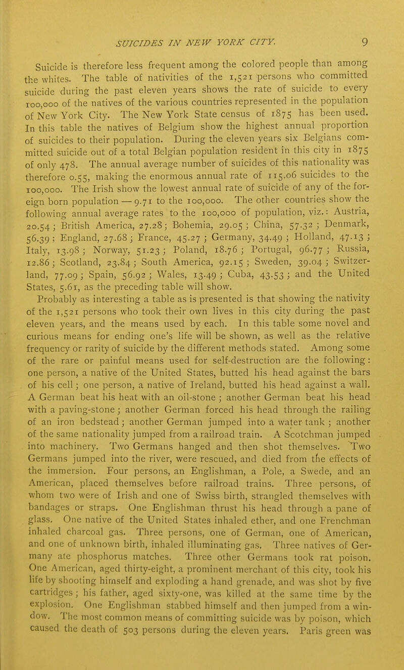 Suicide is therefore less frequent among the colored people than aniong the whites. The table of nativities of the 1,521 persons who committed suicide during the past eleven years shows the rate of suicide to every 100,000 of the natives of the various countries represented in the population of New York City. The New York State census of 1875 has been used. In this table the natives of Belgium show the highest annual proportion of suicides to their population. During the eleven years six Belgians com- mitted suicide out of a total Belgian population resident in this city in 1875 of only 478. The annual average number of suicides of this nationality was therefore 0.55, making the enormous annual rate of 115.06 suicides to the 100,000. The Irish show the lowest annual rate of suicide of any of the for- eign born population —9.71 to the 100,000. The other countries show the following annual average rates to the 100,000 of population, viz.: Austria, 20.54; British America, 27.28; Bohemia, 29.05; Cliina, 57.32 ; Denmark, 56.39; England, 27.68; France, 45.27 ; Germany, 34.49 ; Holland, 47.13 ; Italy, 13.98; Norway, 51.23; Poland, 18.76; Portugal, 96.77; Russia, 12.86; Scotland, 23.84; South America, 92.15; Sweden, 39.04; Switzer- land, 77.09; Spain, ,56.92 ; Wales, 13.49 ; Cuba, 43.53 ; and the United States, 5.61, as the preceding table will show. Probably as interesting a table as is presented is that showing the nativity of the 1,521 persons who took their own lives in this city during the past eleven years, and the means used by each. In this table some novel and curious means for ending one's life will be shown, as well as the relative frequency or rarity of suicide by the different methods stated. Among some of the rare or painful means used for self-destruction are the following: one person, a native of the United States, butted his head against the bars of his cell; one person, a native of Ireland, butted his head against a wall. A German beat his heat with an oil-stone ; another German beat his head with a paving-stone; another German forced his head through the railing of an iron bedstead; another German jumped into a water tank ; another of the same nationality jumped from a railroad train. A Scotchman jumped into machinery. Two Germans hanged and then shot themselves, ^wo Germans jumped into the river, were rescued, and died from tfie effects of the immersion. Four persons, an Englishman, a Pole, a Swede, and an American, placed themselves before railroad trains. Three persons, of whom two were of Irish and one of Swiss birth, strangled themselves with bandages or straps. One Englishman thrust his head through a pane of glass. One native of the United States inhaled ether, and one Frenchman inhaled charcoal gas. Three persons, one of German, one of American, and one of unknown birth, inhaled illuminating gas. Three natives of Ger- many ate phosphorus matches. Three other Germans took rat poison. One American, aged thirty-eight, a prominent merchant of this city, took his life by shooting himself and exploding a hand grenade, and was shot by five cartridges; his father, aged sixty-one, was killed at the same time by the explosion. One Englishman stabbed himself and then jumped from a win- dow. The most common means of committing suicide was by poison, which caused the death of 503 persons during the eleven years. Paris green was