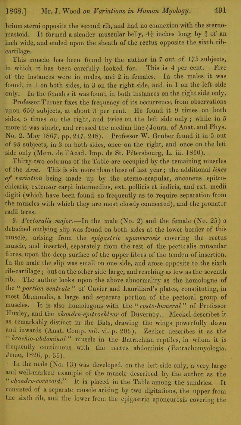 briumsterni opposite the second rib, and had no connexion with the sterno- mastoid. It formed a slender muscular belly, 4^ inches long by | of an inch wide, and ended upon the sheath of the rectus opposite the sixth rib- cartilage. This muscle has been found by the author in 7 out of 175 subjects, in which it has been carefully looked for. This is 4 per cent. Five of the instances were in males, and 2 in females. In the males it was found, in 1 on both sides, in 3 on the right side, and in 1 on the left side only. In the females it was found in both instances on the right side only. Professor Turner fixes the frequency of its occurrence, from observations upon 650 subjects, at about '6 per cent. He found it 9 times on both sides, 5 times on the right, and twice on the left sids only ; while in 5 more it was sinaile, and crossed the median hne (Journ. of Anat. and Phys. No. 2. May 18G7, pp.247, 248). Professor W. Gruber found it in-5 out of 95 subjects, in 3 on both sides, once on the right, and once on the left side only (Mem. de I'Acad. Imp. de St. Pctersbourg, L. iii. I860). Thirty-two columns of the Table are occupied by the remaining muscles of the Arm. This is six more than those of last year ; the additional lines of variation being made up by the sterno-scapular, anconeus epitro- chlearis, extensor carpi intermedius, ext. pollicis et indicis, and ext. medii digiti (which have been found so frequently as to require separation from the muscles with which they are most closely connected), and the pronator radii teres. 9. Pectoralis major.—In the male (No. 2) and the female (No. 25) a detached outlying slip was found on both sides at the lower border of this muscle, arising from the epigastric aponeurosis covering the rectus muscle, and inserted, separately from the rest of the pectoralis muscular fibres, upon the deep surface of the upper fibres of the tendon of insertion. In the male the slip was small on one side, and arose oj)posite to the sixth rib-cartilage; but ou the other side large, and reaching as low as the seventh rib. The author looks upon the above abnormality as the homologue of the jiortion ventrale  of Cuvier and Laurillard's plates, constituting, in most Mammalia, a large and separate portion of the pectoral group of muscles. It is also homologous with the  costo-humeraV^ of Professor Huxley, and the chondro-epitrochlear of Duvernoy. Meckel describes it as remarkably distinct in the Bats, drawing the wings powerfully down and inwards (Anat. Comp. vol. vi. p. 206). Zenker describes it as the  IracMo-abdorninal muscle in the Batrachian reptiles, in whom it is frequently continuous with the rectus abdominis (Batrachomyologia. Jena;, 1826, p. 39). • In the male (No. 13) was developed, on the left side only, a very large and well-marked example of the muscle described by the author as the  chondro-coracoid. It is placed in the Table among the sundries. It consisted of a separate muscle arising by two digitations, the upper from the sixth rib, and the lower fiom the epigastric aponeurosis covering the