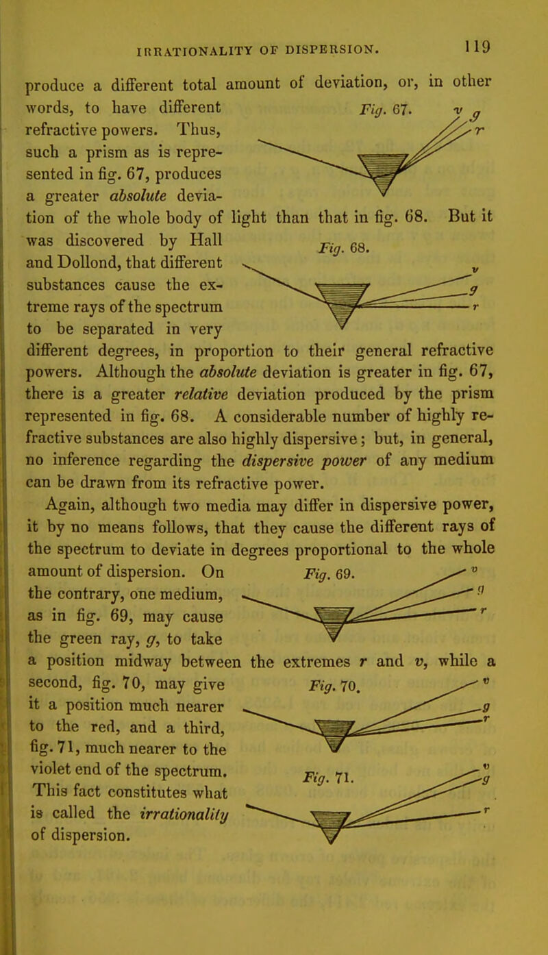 IRRATIONALITY OF DISPERSION. But it Fig. 68. produce a different total amount of deviation, or, in other words, to have different pUj. 67. refractive powers. Thus, such a prism as is repre- sented in fig. 67, produces a greater absolute devia- tion of the whole body of light than that in fig. 68. was discovered by Hall and DoUond, that different substances cause the ex- treme rays of the spectrum to be separated in very different degrees, in proportion to their general refractive powers. Although the absolute deviation is greater in fig. 67, there is a greater relative deviation produced by the prism represented in fig. 68. A considerable number of highly re- fractive substances are also highly dispersive; but, in general, no inference regarding the dispersive power of any medium can be drawn from its refractive power. Again, although two media may differ in dispersive power, it by no means follows, that they cause the different rays of the spectrum to deviate in degrees proportional to the whole amount of dispersion. On Fig. 69. the contrary, one medium, as in fig. 69, may cause the green ray, g, to take a position midway between the extremes r and v, while a second, fig. 70, may give it a position much nearer to the red, and a third, fig. 71, much nearer to the violet end of the spectrum. This fact constitutes what is called the irrationality of dispersion. Fig. 70 Fig. 71. '9
