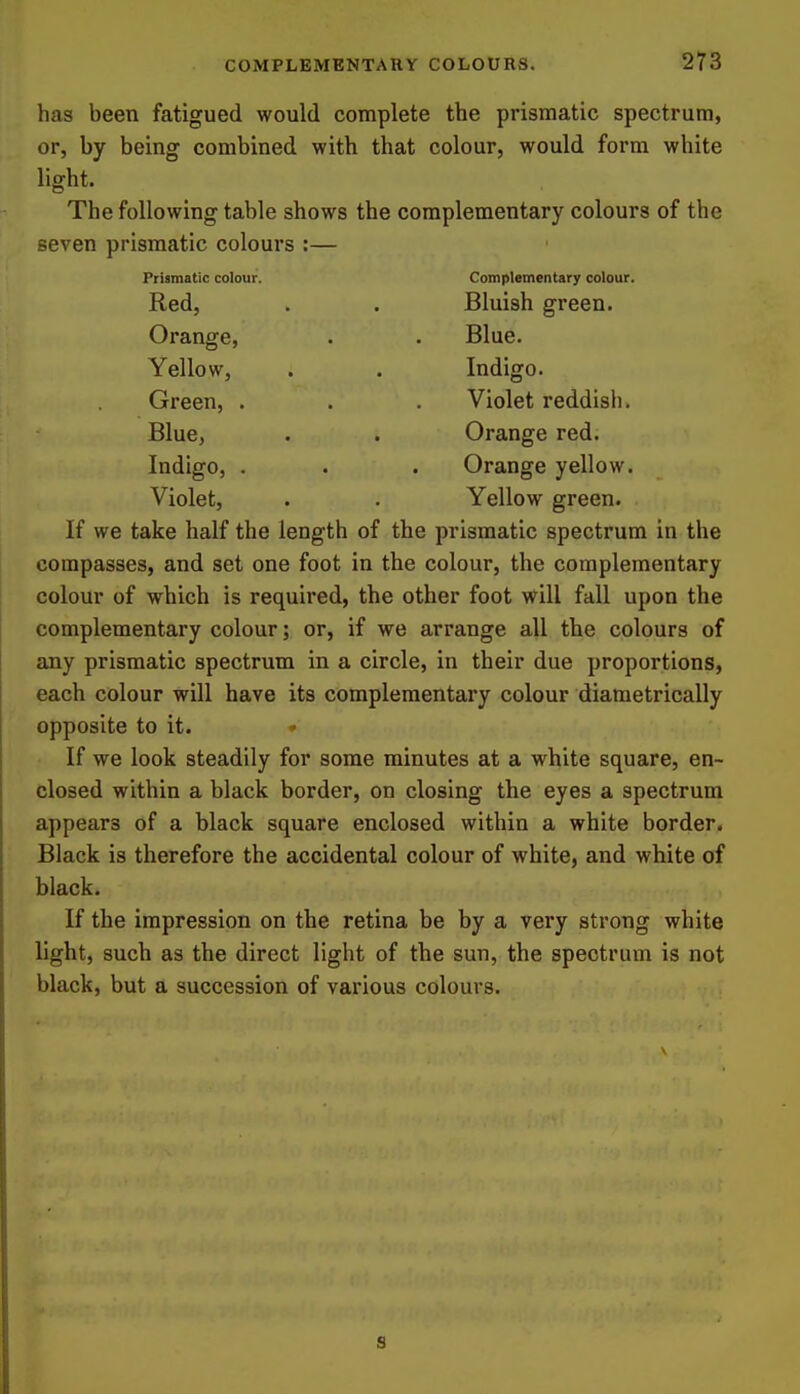 has been fatigued would complete the prismatic spectrum, or, by being combined with that colour, would form white light. The following table shows the complementary colours of the seven prismatic colours :— Prismatic colour. Complementary colour. Red, . . Bluish green. Orange, . . Blue. Yellow, . . Indigo. Green, . . . Violet reddish. Blue, . . Orange red. Indigo, . . . Orange yellow. Violet, . . Yellow green. If we take half the length of the prismatic spectrum in the compasses, and set one foot in the colour, the complementary colour of which is required, the other foot will fall upon the complementary colour; or, if we arrange all the colours of any prismatic spectrum in a circle, in their due proportions, each colour will have its complementary colour diametrically opposite to it. If we look steadily for some minutes at a white square, en- closed within a black border, on closing the eyes a spectrum appears of a black square enclosed within a white border. Black is therefore the accidental colour of white, and white of black. If the impression on the retina be by a very strong white light, such as the direct light of the sun, the spectrum is not black, but a succession of various colours.