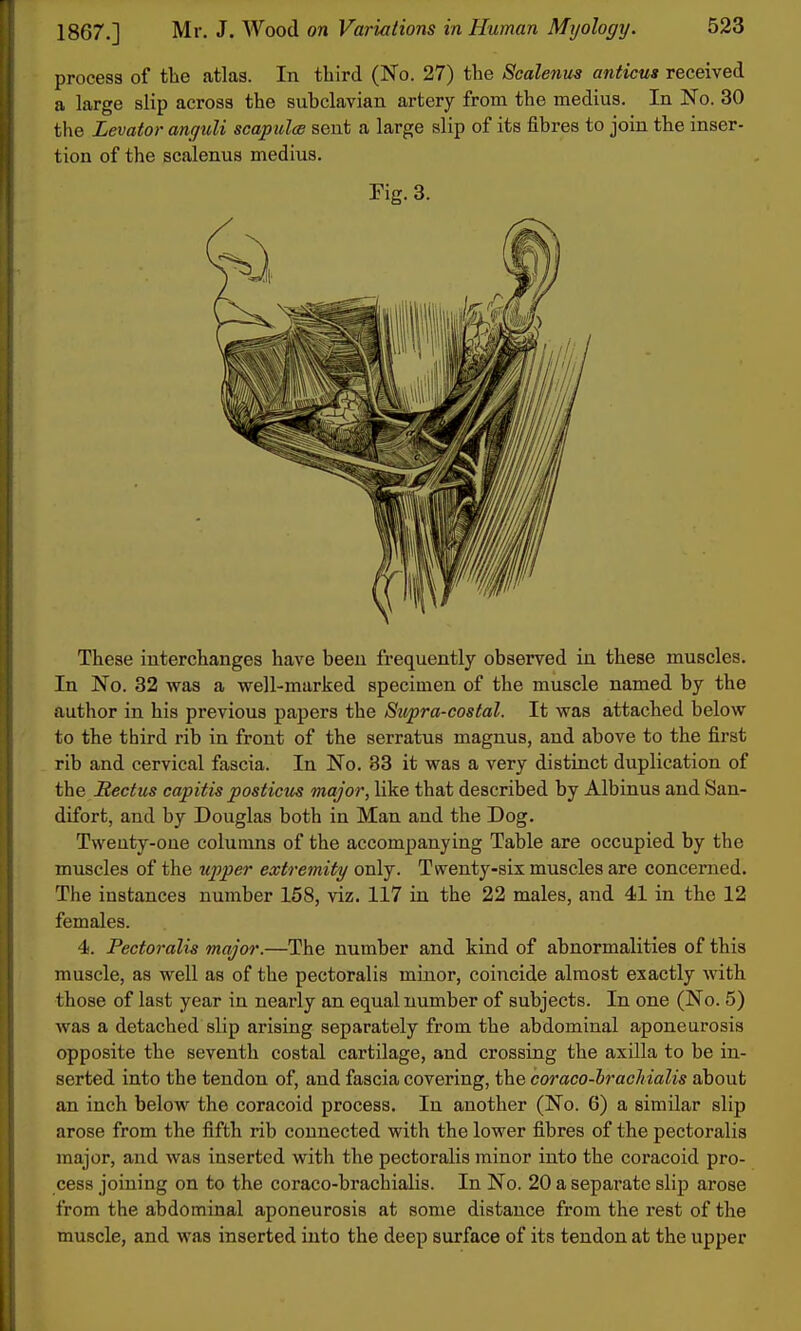 process of the atlas. In third (No. 27) the Scalenus anticus received a large slip across the subclavian artery from the medius. In No. 30 the Levator anguli scapulcs sent a large slip of its fibres to join the inser- tion of the scalenus medius. Fig. 3. These interchanges have been frequently observed in these muscles. In No. 32 was a well-marked specimen of the muscle named by the author in his previous papers the Supra-costal. It was attached below to the third rib in front of the serratus magnus, and above to the first rib and cervical fascia. In No. 83 it was a very distinct duplication of the JRectus capitis posticus major, like that described by Albinus and San- difort, and by Douglas both in Man and the Dog. Tweuty-one columns of the accompanying Table are occupied by the muscles of the upper extremity only. Twenty-six muscles are concerned. The instances number 158, viz. 117 in the 22 males, and 41 in the 12 females. 4. Pectoralis major.—The number and kind of abnormalities of this muscle, as well as of the pectoralis minor, coincide almost exactly with those of last year in nearly an equal number of subjects. In one (No. 5) was a detached slip arising separately from the abdominal aponeurosis opposite the seventh costal cartilage, and crossing the axilla to be in- serted into the tendon of, and fascia covering, the coraco-hrachialis about an inch below the coracoid process. In another (No. 6) a similar slip arose from the fifth rib connected with the lower fibres of the pectoralis major, and was inserted with the pectoralis minor into the coracoid pro- cess joining on to the coraco-brachialis. In No. 20 a separate slip arose from the abdominal aponeurosis at some distance from the rest of the muscle, and was inserted into the deep surface of its tendon at the upper