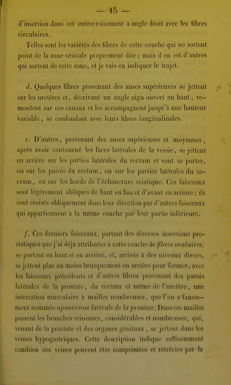 (l'inserlion dans cet enirecroisemeiil à angle droit avec les fibres circulaires. Telles sont les variétés des fibres de cette couche qui ne sortent point de la zone vésicale proprement dite ; mais il en est d'autres qui sortent de cette zone, et je vais en indiquer le trajet. d. Quelques fibres provenant des anses supérieures se jettent sur les uretères et, décrivant un angle aigu ouvert en haut, re- montent sur ces canaux et les accompagnent jusqu'à une hauteur variable, se confondant avec leurs fibres longitudinales. e. D'autres, provenant des anses supérieures et moyennes, après avoir contourné les faces latérales de la vessie, se jettent en arrière sur les parties latérales du rectum et vont se porter, ou sur les parois du rectum , ou sur les parties latérales du sa- crum , ou sur les bords de l'échancrure sciatique. Ces faisceaux sont légèrement obliques de haut en bas et d'avant en arrière ; ils sont croisés obliquement dans leur direction par d'autres faisceaux qui appartiennent à la môme couche par'leur partie inférieure. f. Ces derniers faisceaux, partant des diverses insertions pro- statiques que j'ai déjà attribuées à cette couche de fibres ovalaires, se portent en haut et en arrière, et, arrivés à des niveaux divers, se jettent plus ou moins brusquement en arrière pour former, avec les faisceaux précédents et d'autres fibres provenant des parois latérales de la prostate, du rectum et même de l'uretère, une intricalion musculaire à mailles nombreuses, que l'on a lausse- m(?nl nommée aponévrose latérale de la prostate. Dans ces mailles passent les branches veineuses, considérables et nombreuses, qui, venant de la prostate et des organes génitaux , se jettent dans les veines hypogastriques. Celte description indique sullisamment combien ces veines peuvent être comprimées et rétrécies pur la